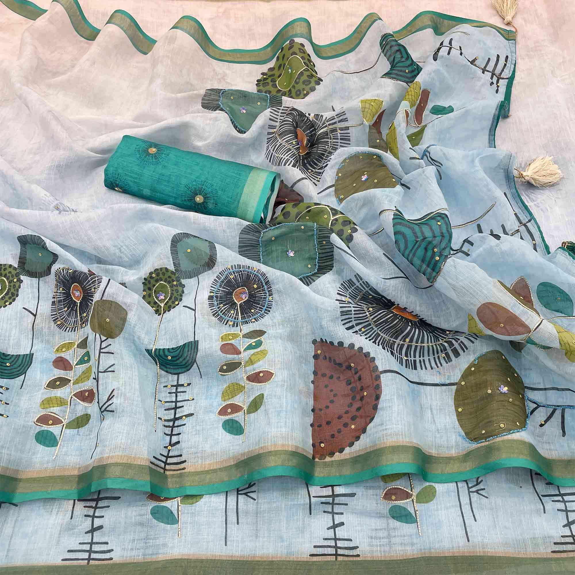 Sky Blue Pure Soft Linen Saree with Elegant Prints and Delicate Stone Work Embellishment