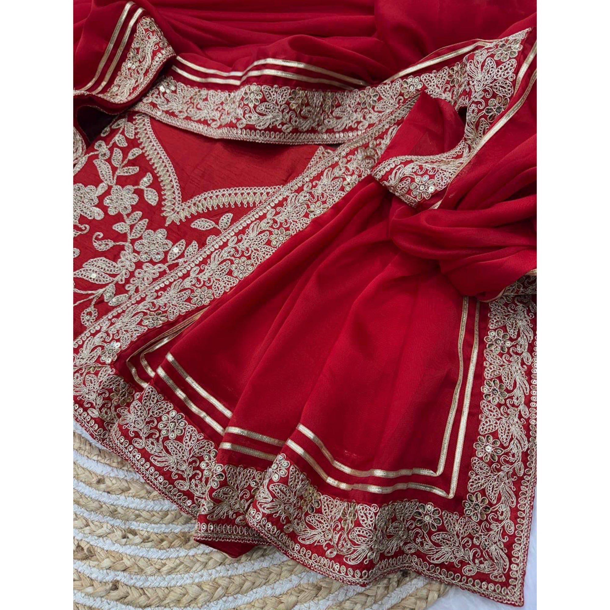 Red Partywear Silk Blend Saree Featuring Rich Silver Thread and Sequins Work