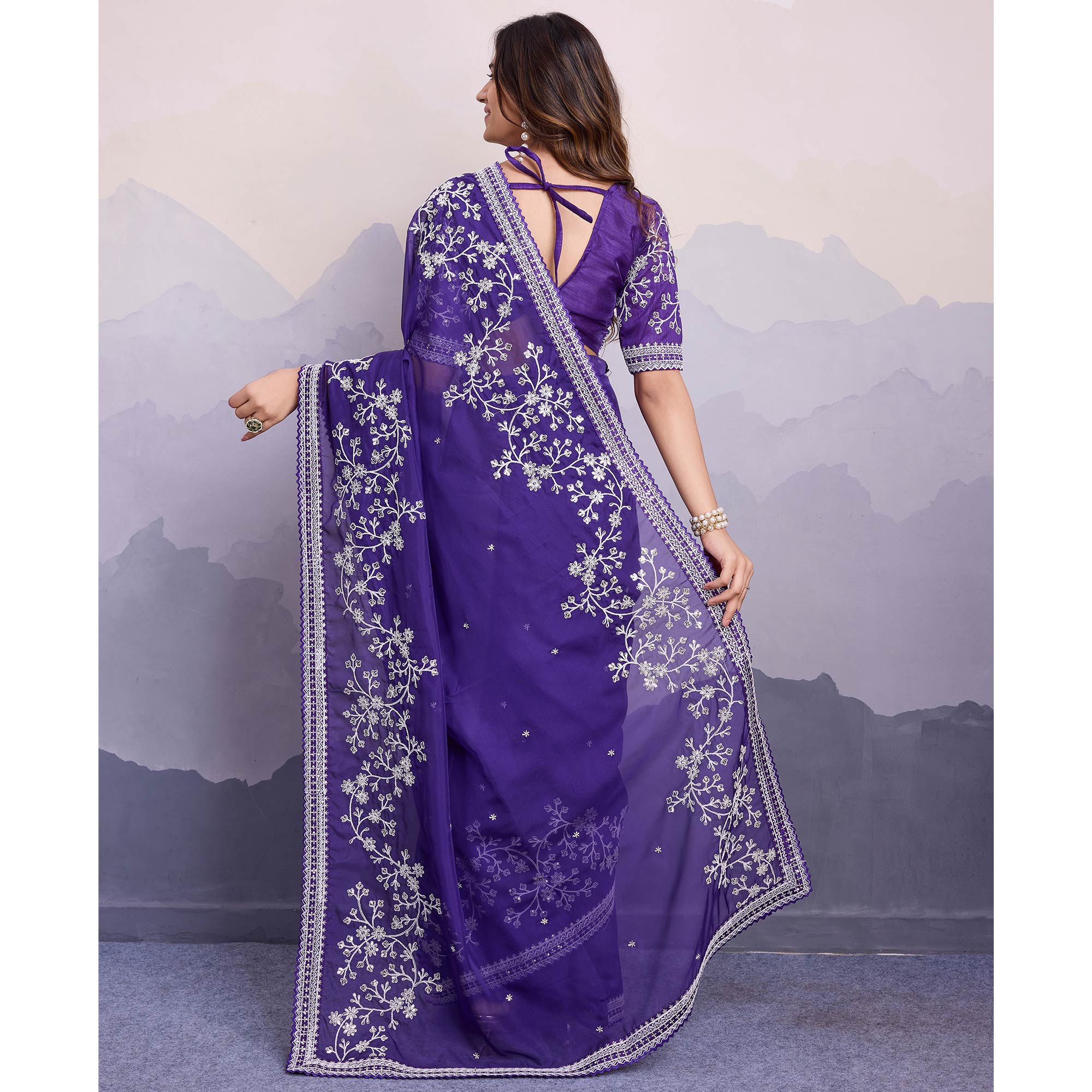 Violet Blue Floral Sequins Embroidered Organza Saree With Lace Border