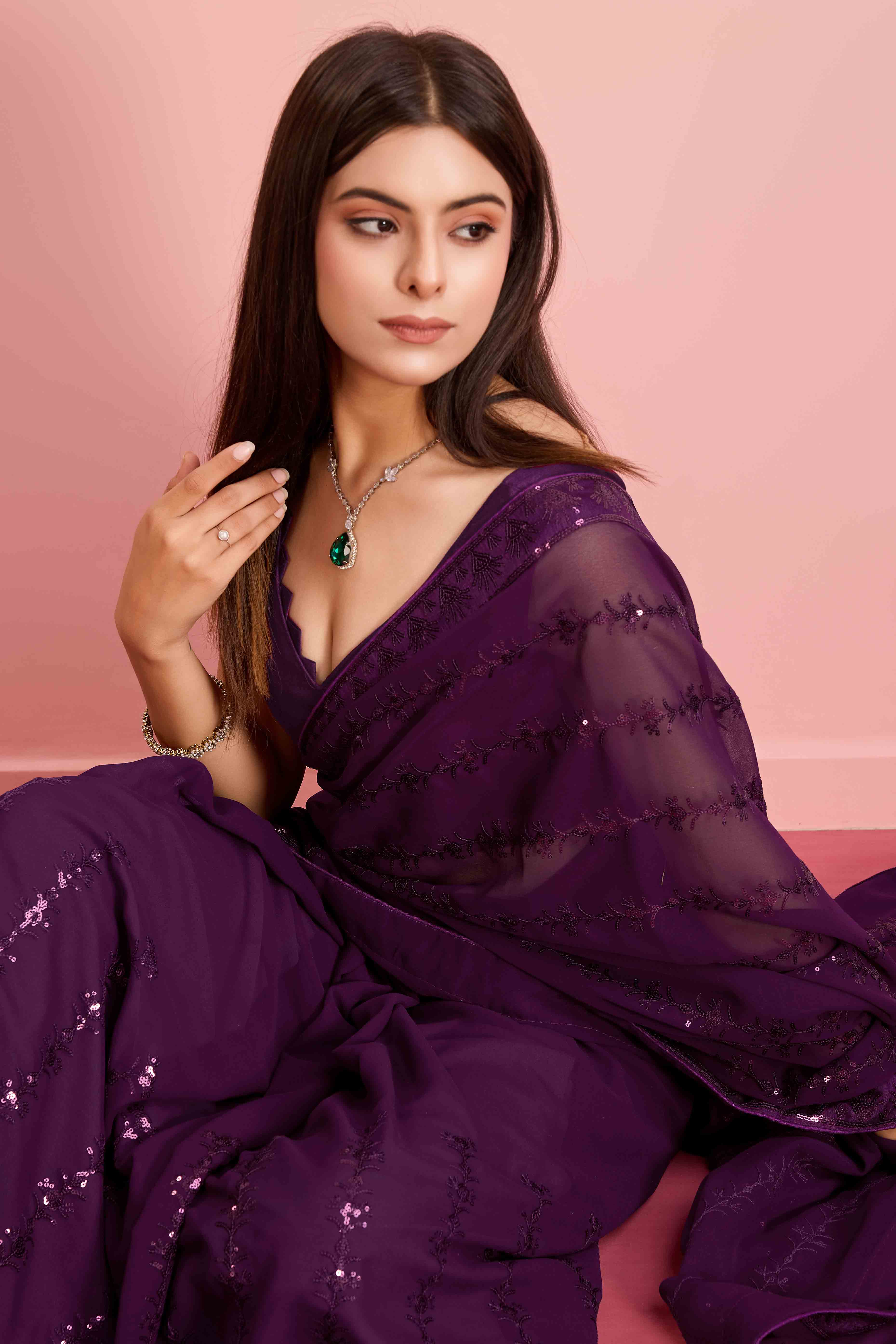 Wine Floral Sequins Embroidered Georgette Saree