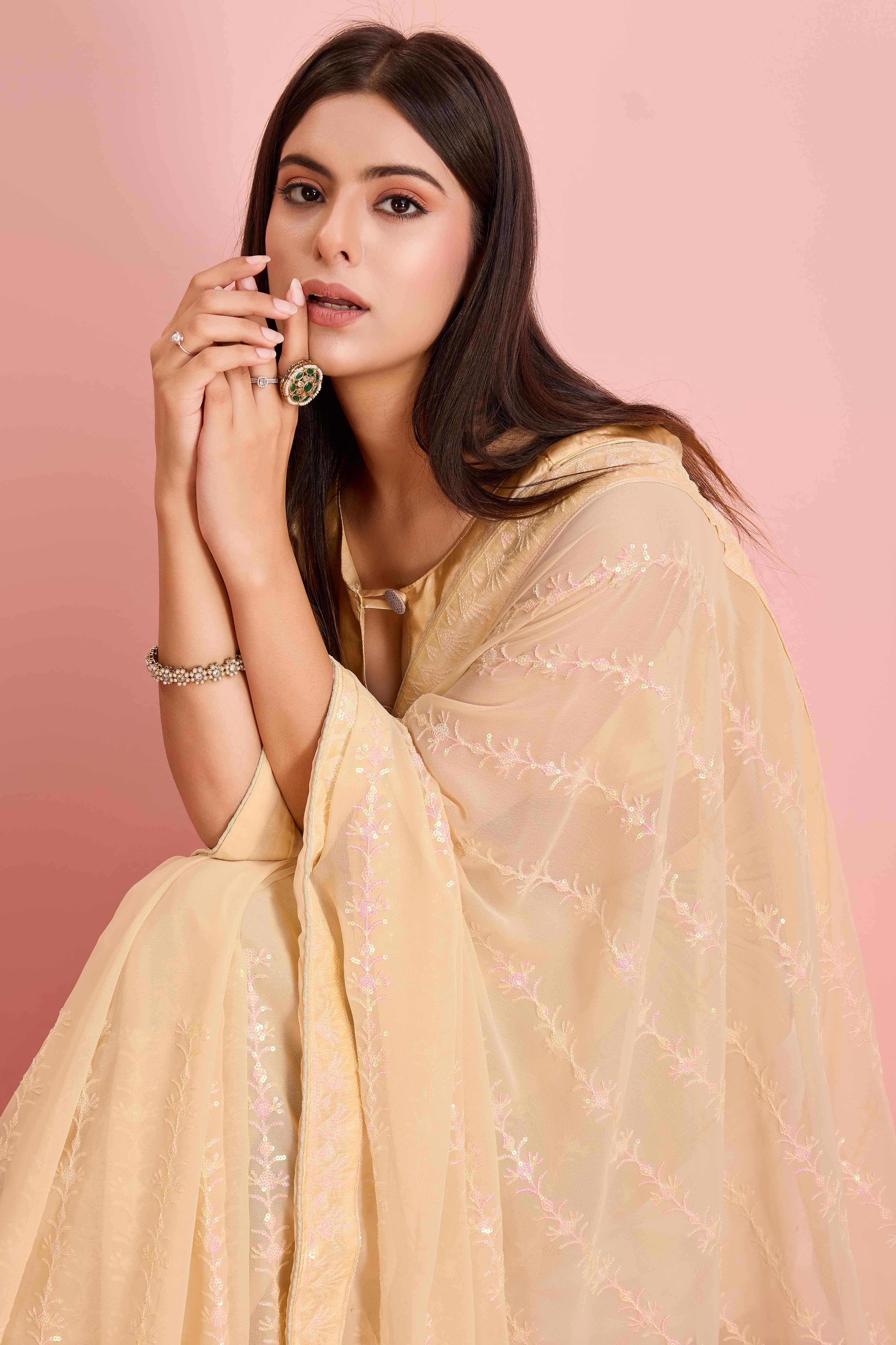 Cream Floral Sequins Embroidered Georgette Saree