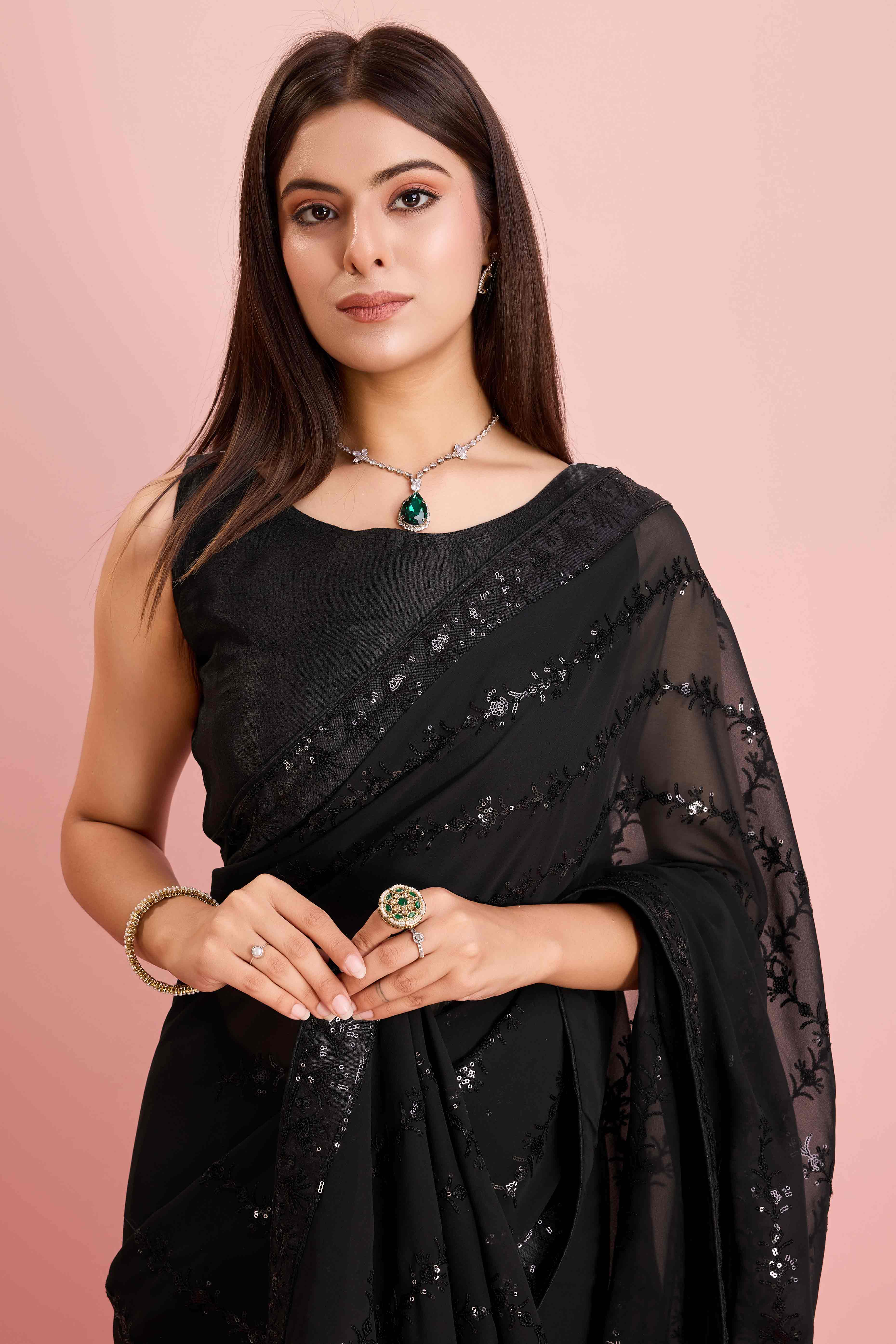 Black Floral Sequins Embroidered Georgette Saree