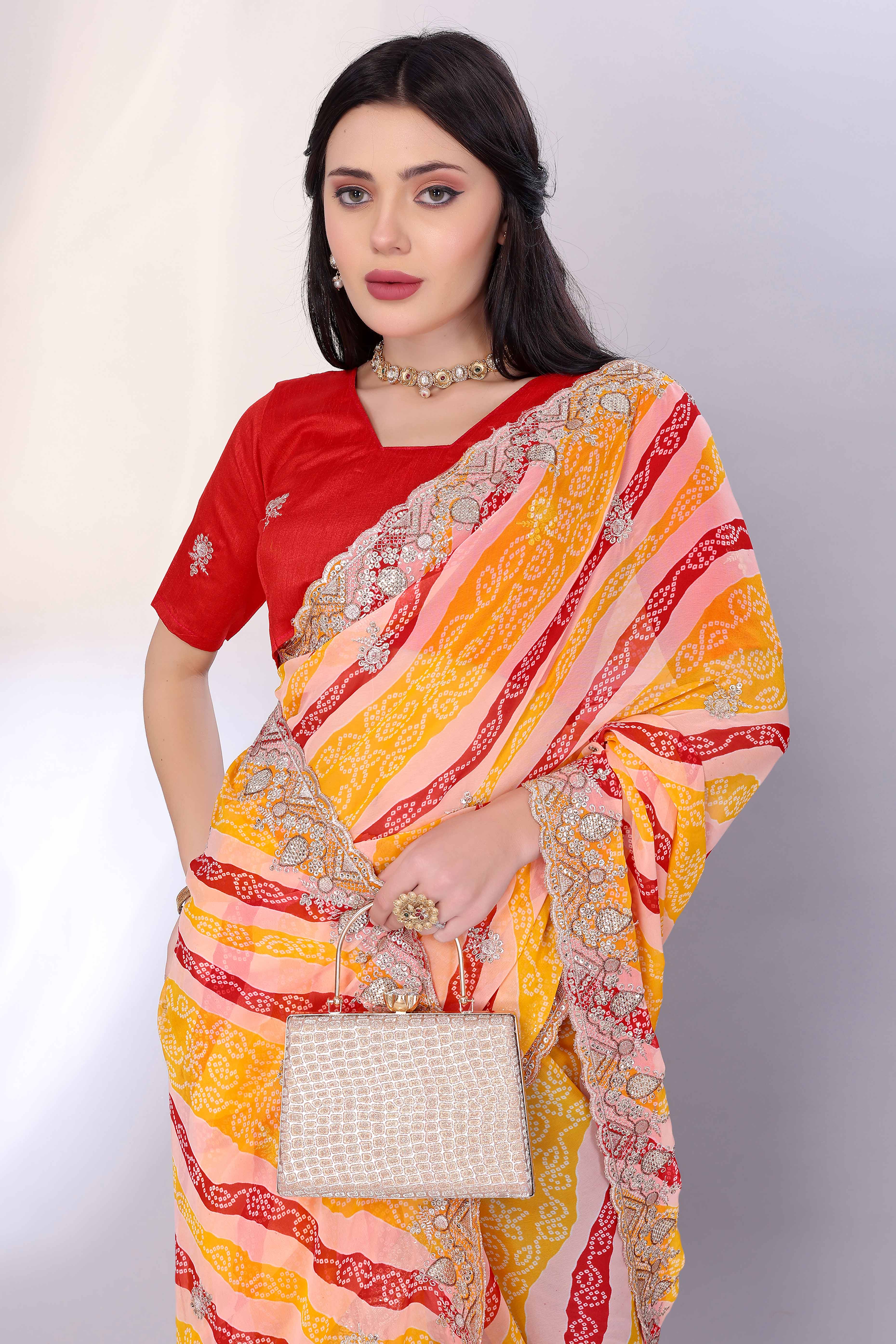 Yellow Georgette Saree Showcasing Bandhani Print & Delicate Floral Sequins Embroidery