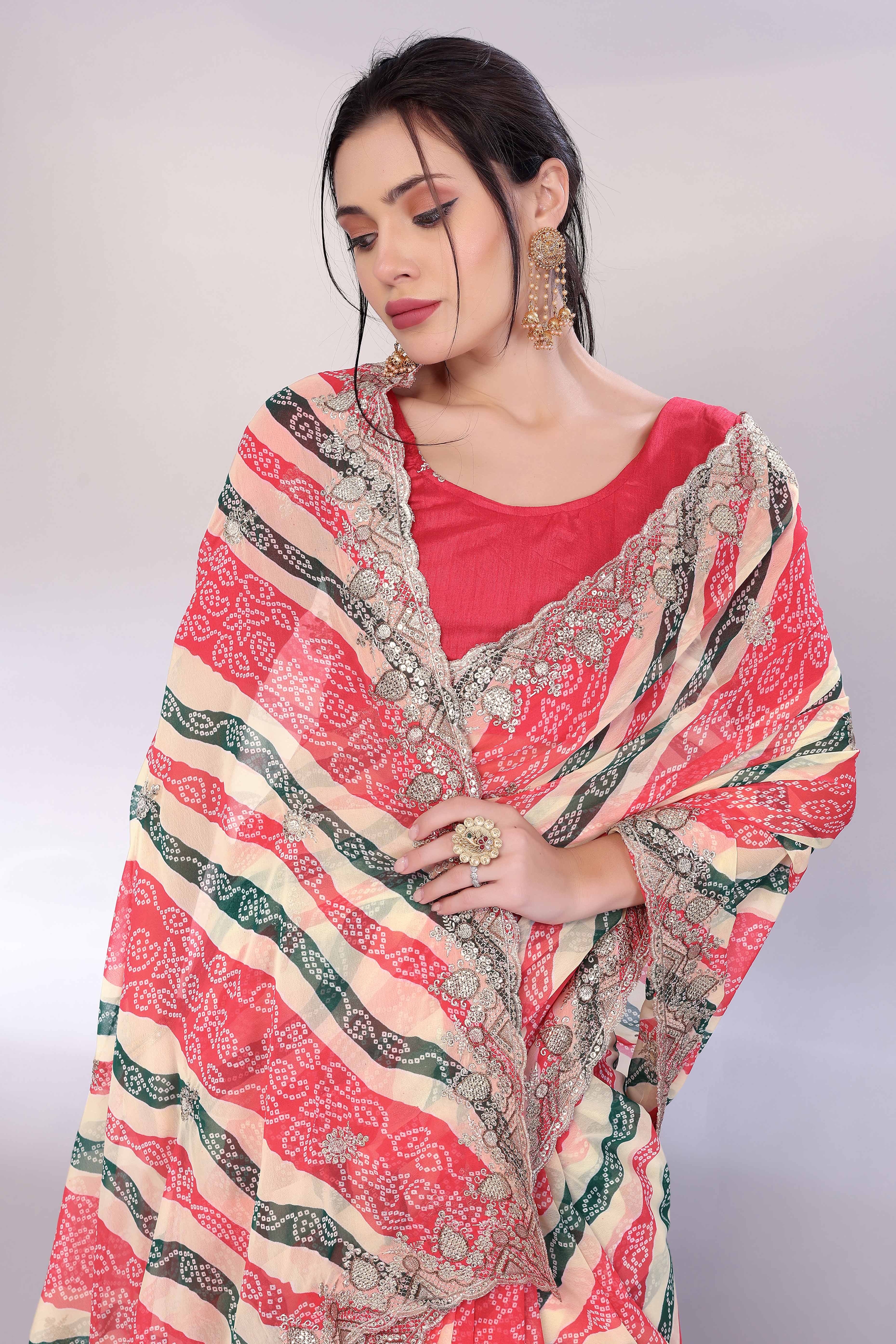 9Multicolor Georgette Saree Showcasing Bandhani Print & Delicate Floral Sequins Embroidery