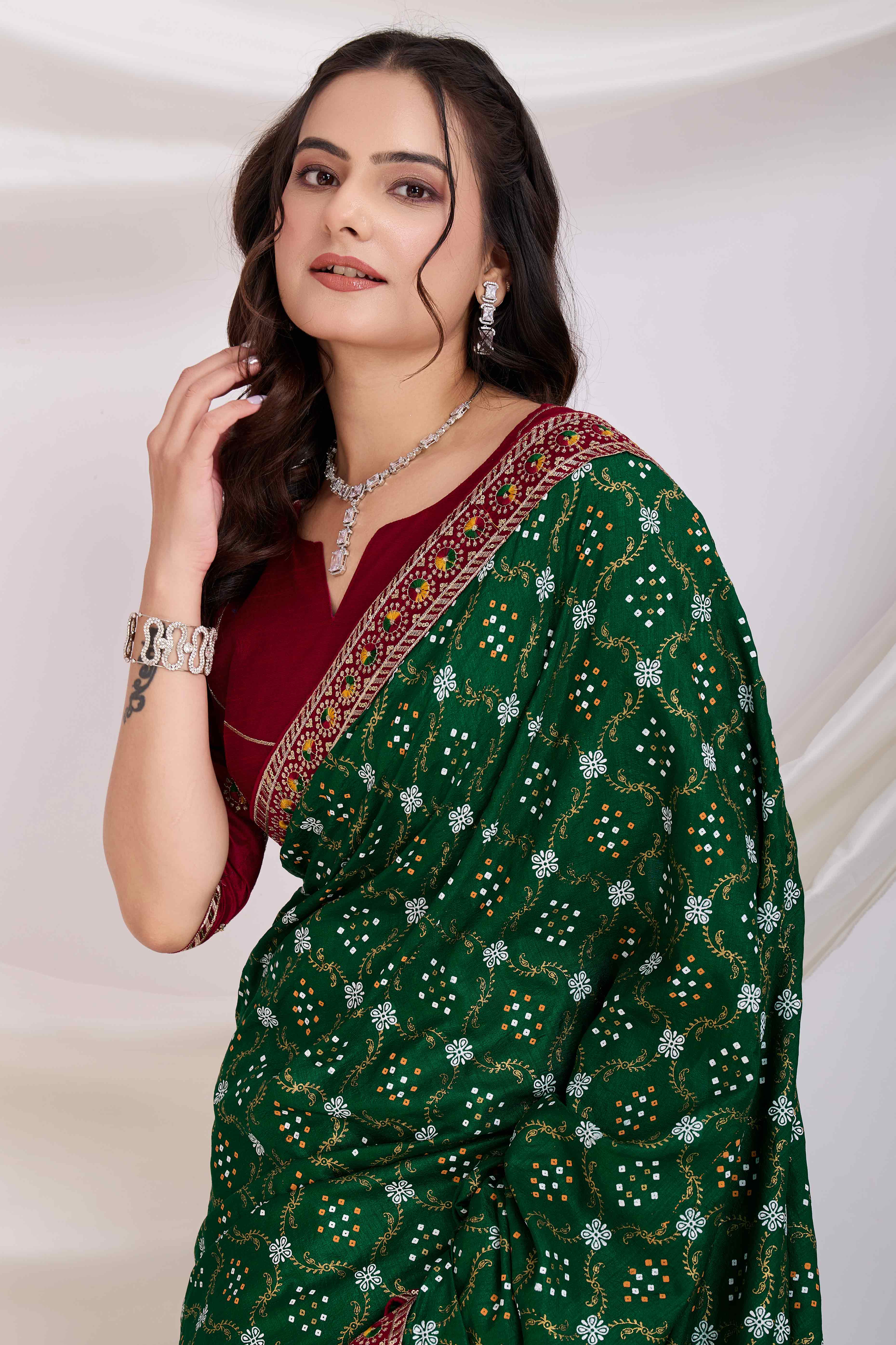 Bottle Green Bandhani Printed Vichitra Silk Saree With Embroidery Border