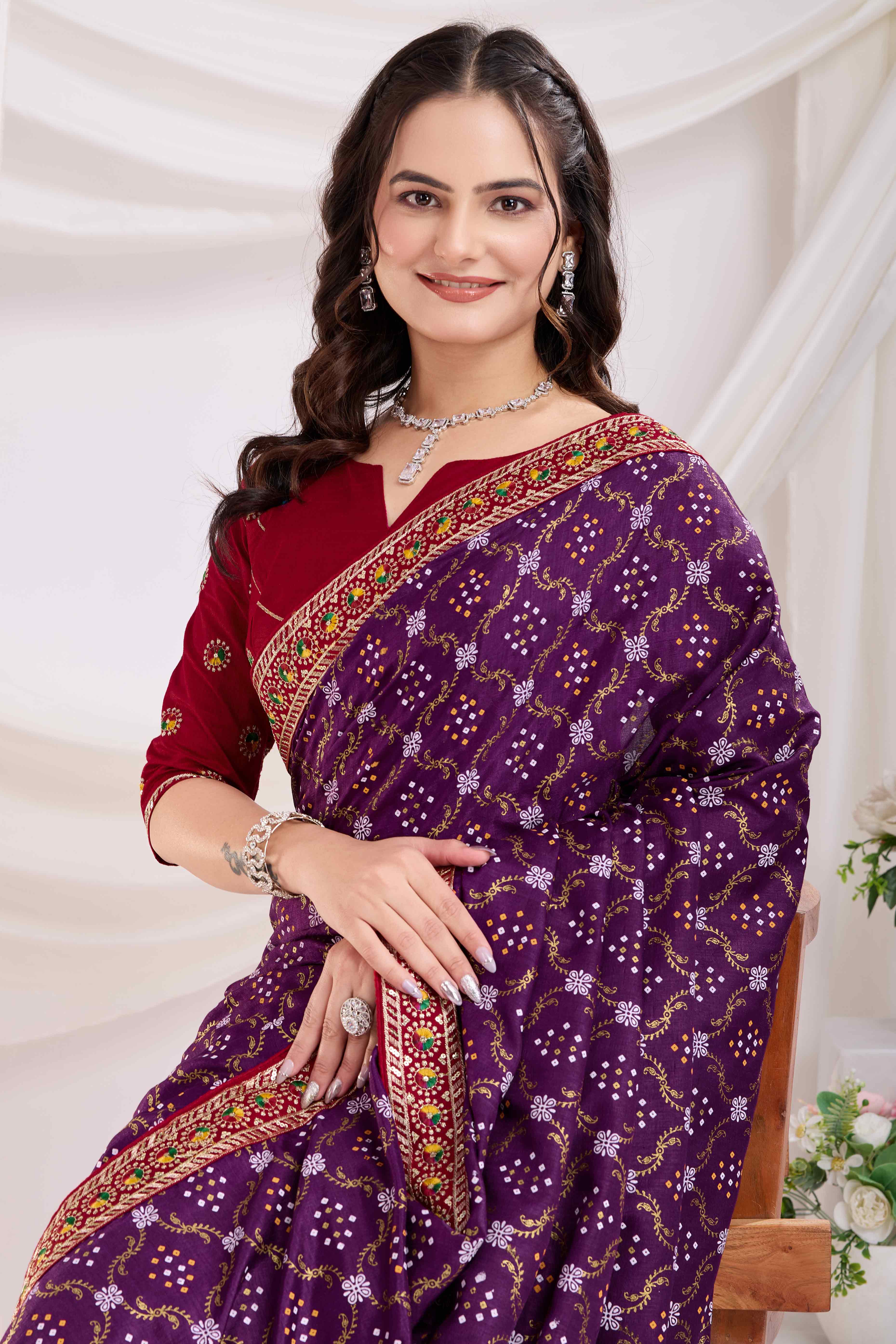 Wine Bandhani Printed Vichitra Silk Saree With Embroidery Border