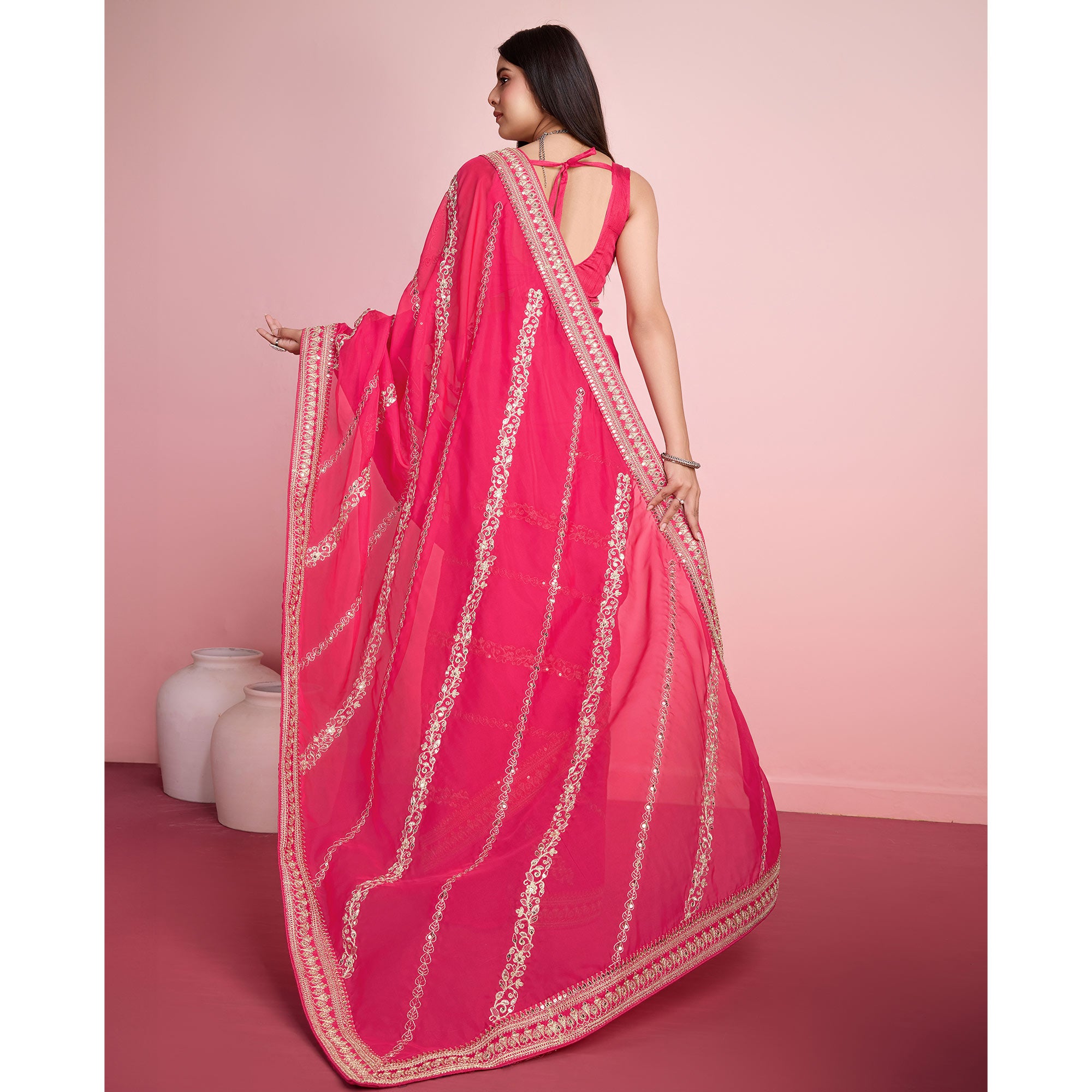 Pink Floral Sequins Embroidered Organza Saree