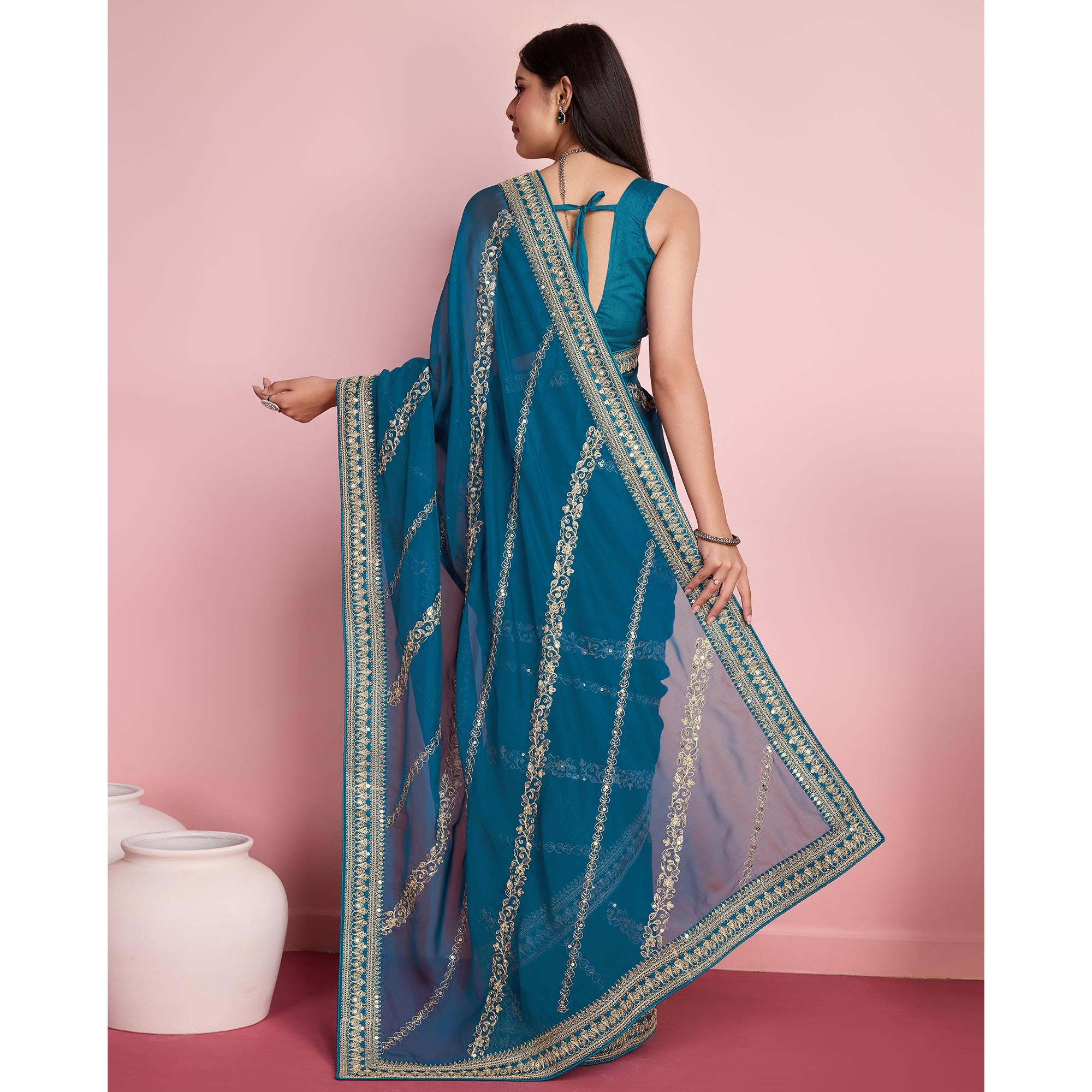 Blue Floral Sequins Embroidered Organza Saree
