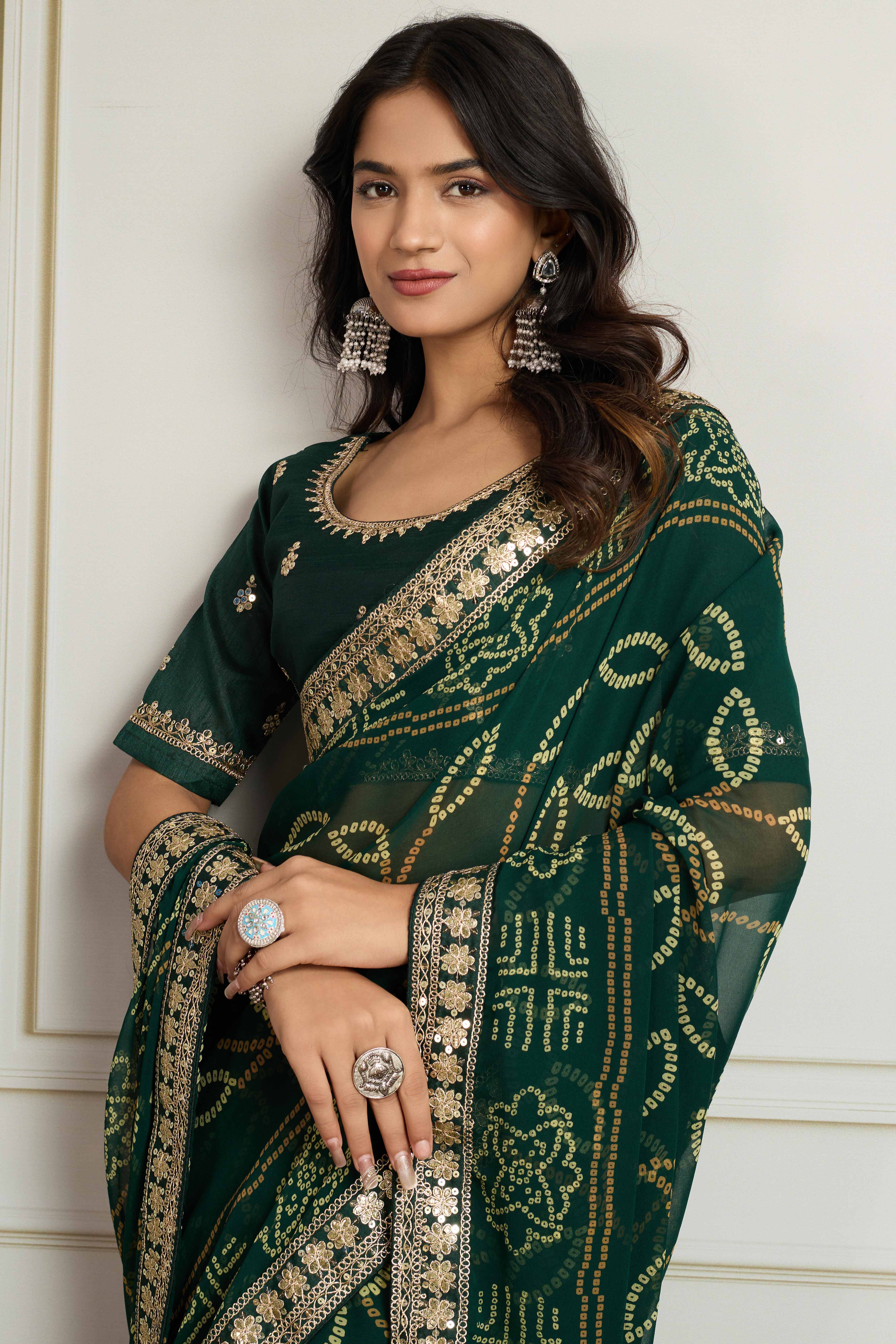 Dark Green Bandhani Digital Printed Georgette Saree Enhanced With Cording Embroidered Border