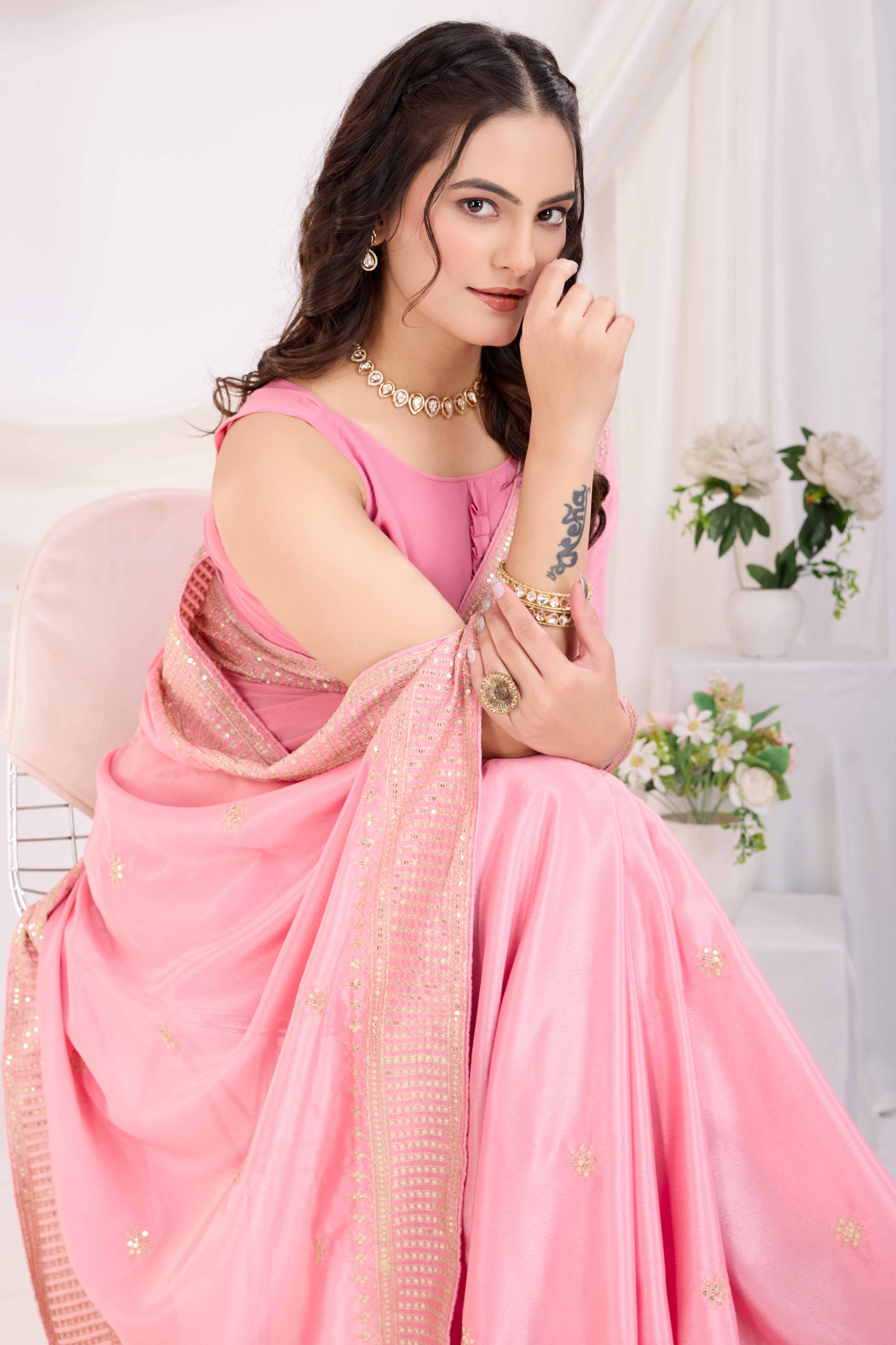 Pink Saree In Chinon Silk Featuring Delicate Floral Embroidery & Sparkling Sequins