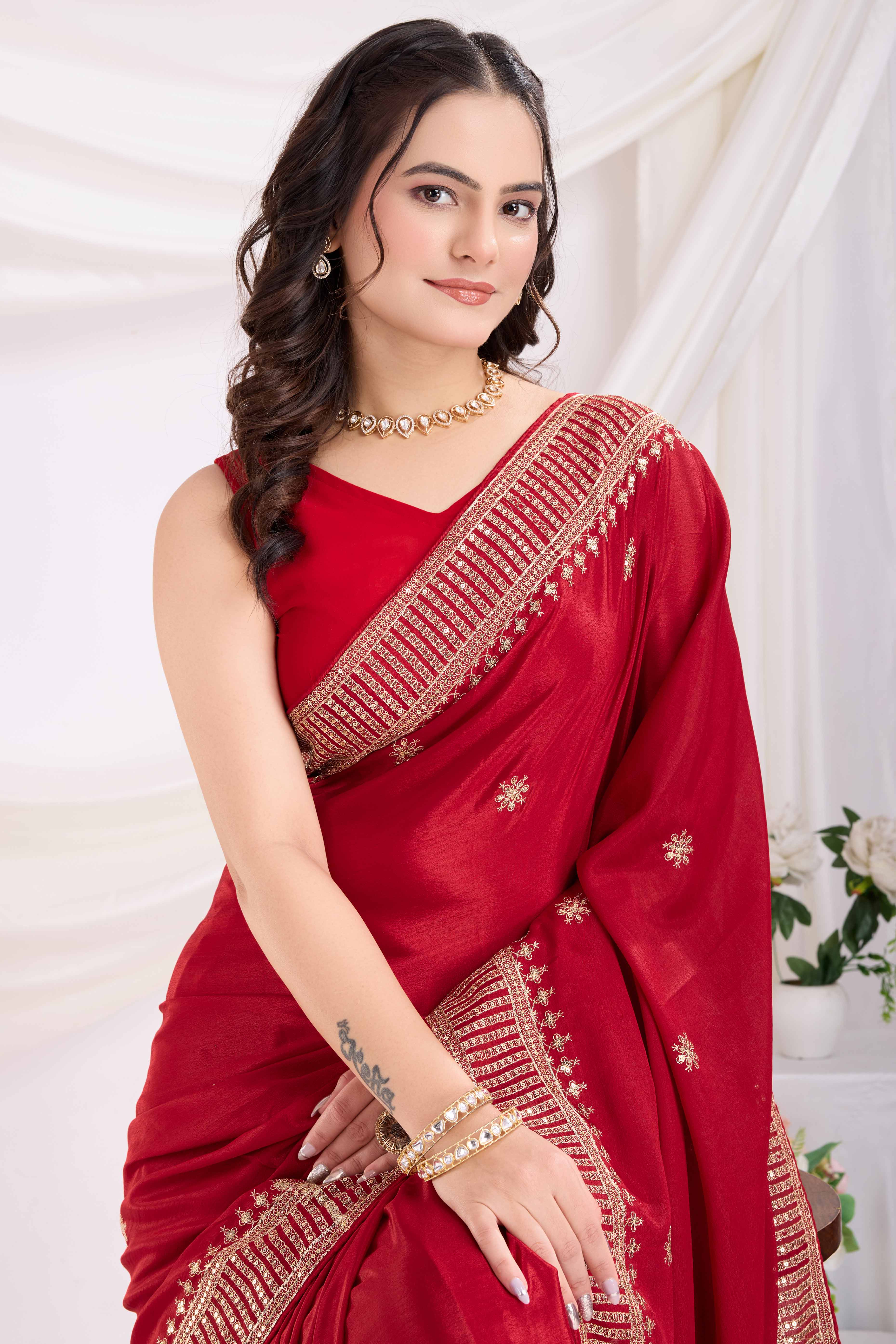 Red Saree In Chinon Silk Featuring Delicate Floral Embroidery & Sparkling Sequins