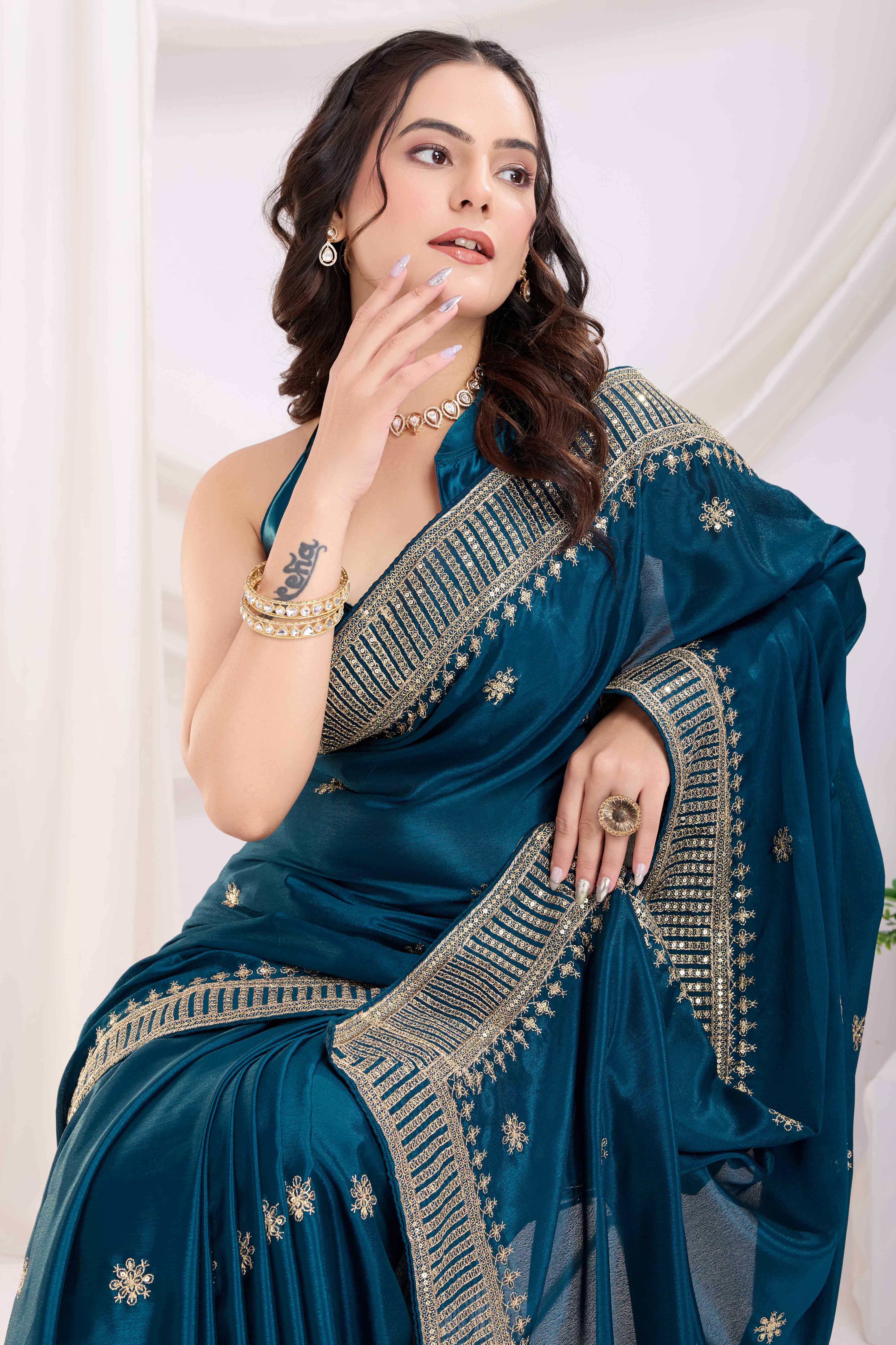 Teal Saree In Chinon Silk Featuring Delicate Floral Embroidery & Sparkling Sequins