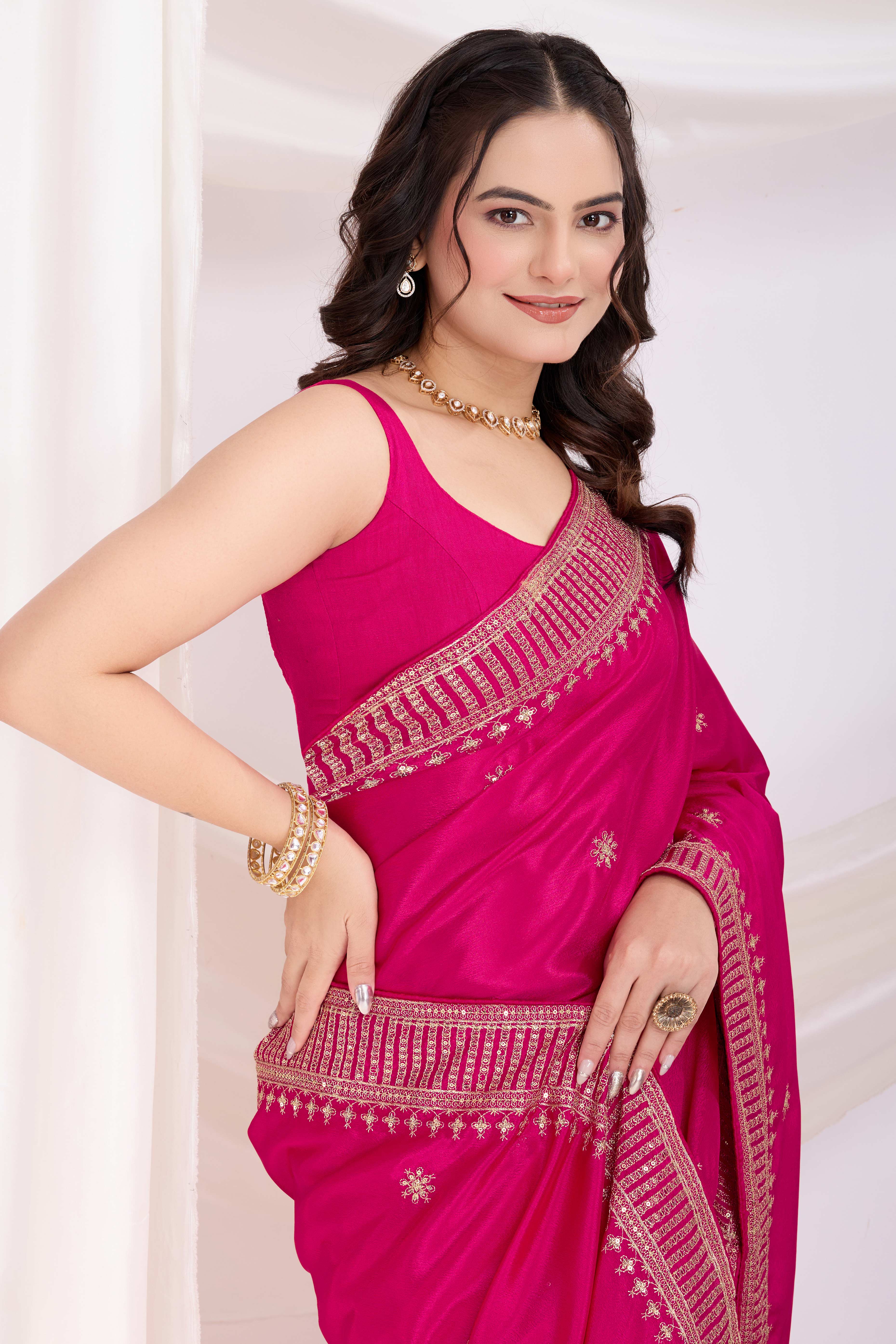 Rani Pink Saree In Chinon Silk Featuring Delicate Floral Embroidery & Sparkling Sequins