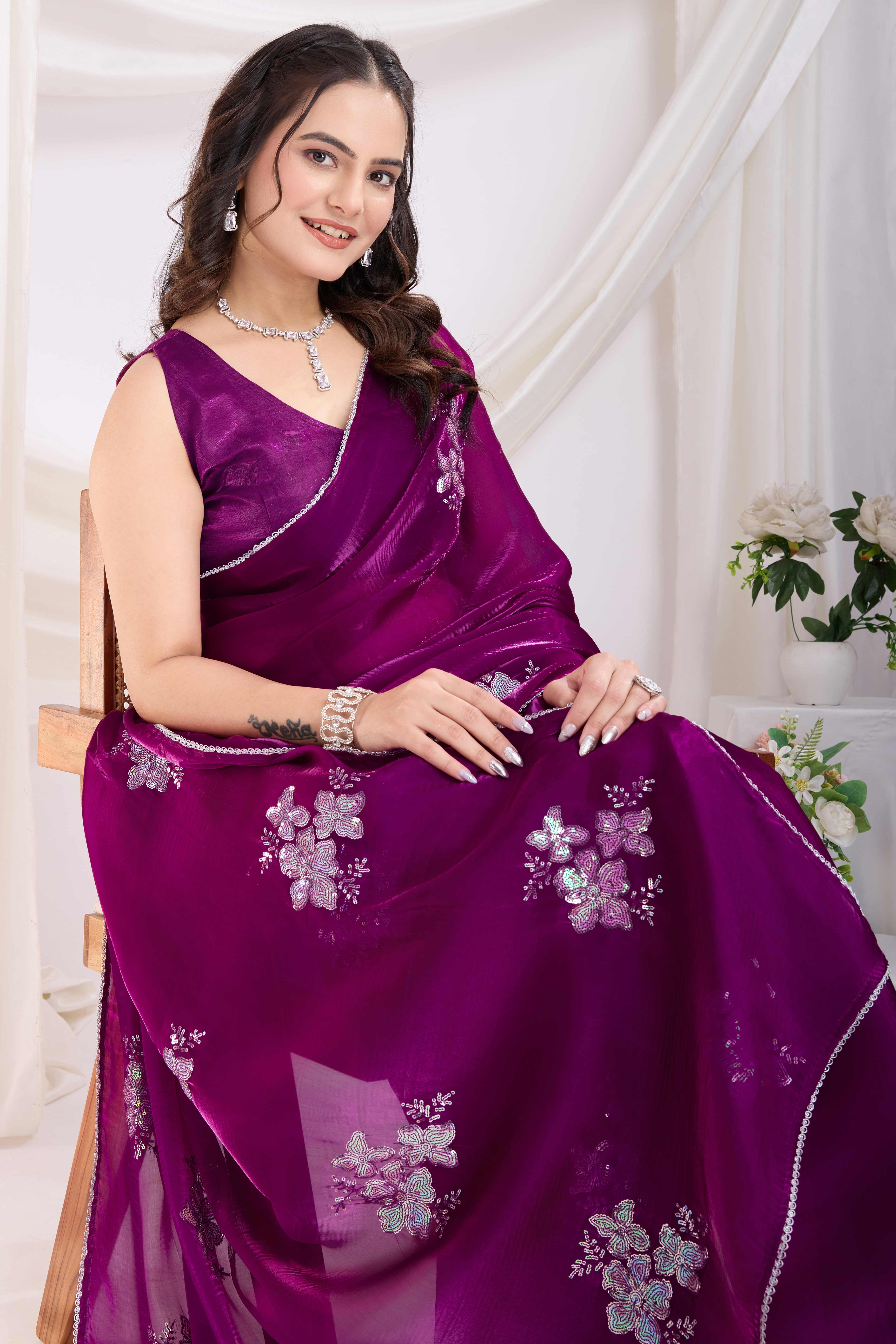 Purple Saree With Exquisite Floral Sequins Embroidery On Luxe Jimmy Choo Silk Blend