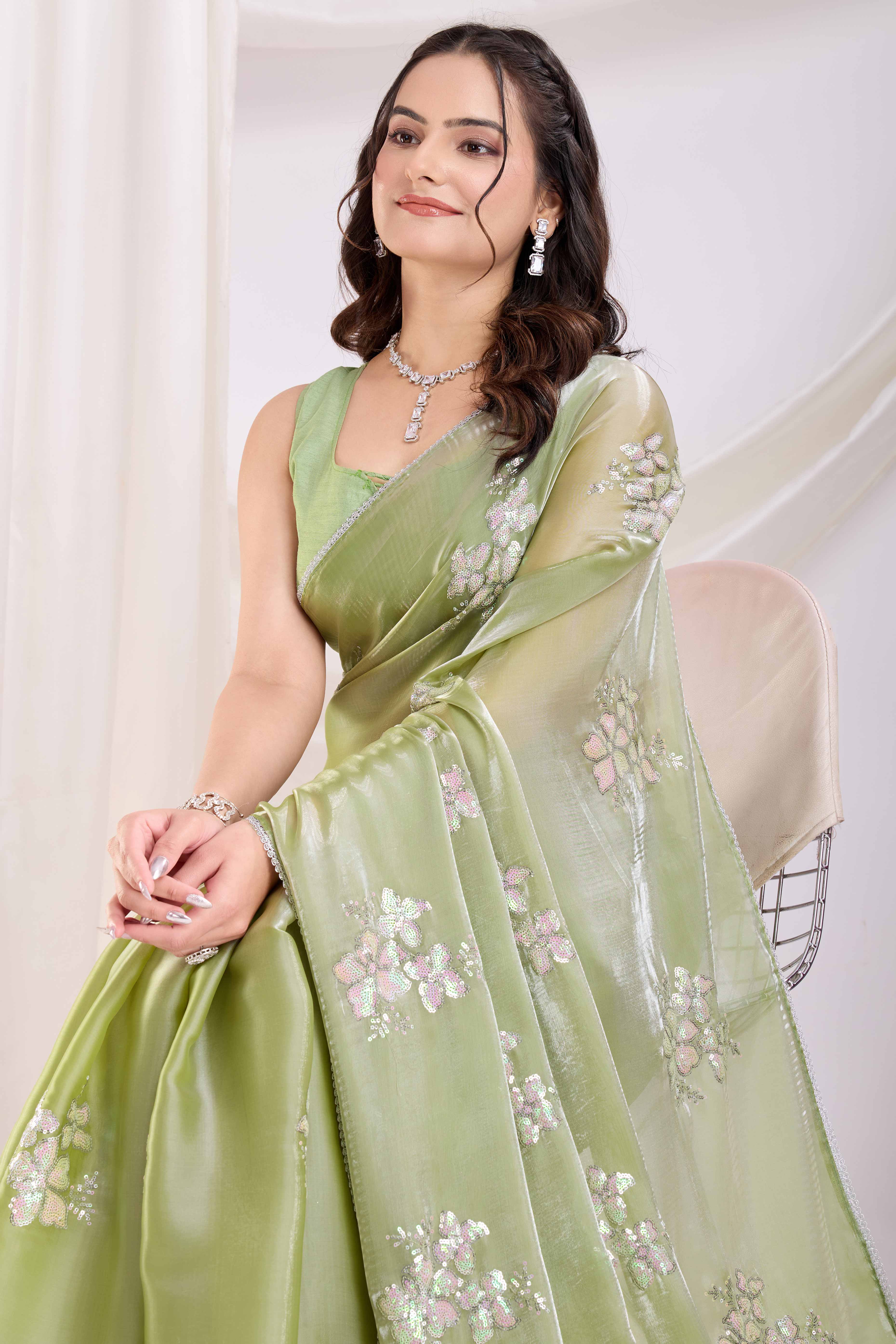 Green Saree With Exquisite Floral Sequins Embroidery On Luxe Jimmy Choo Silk Blend