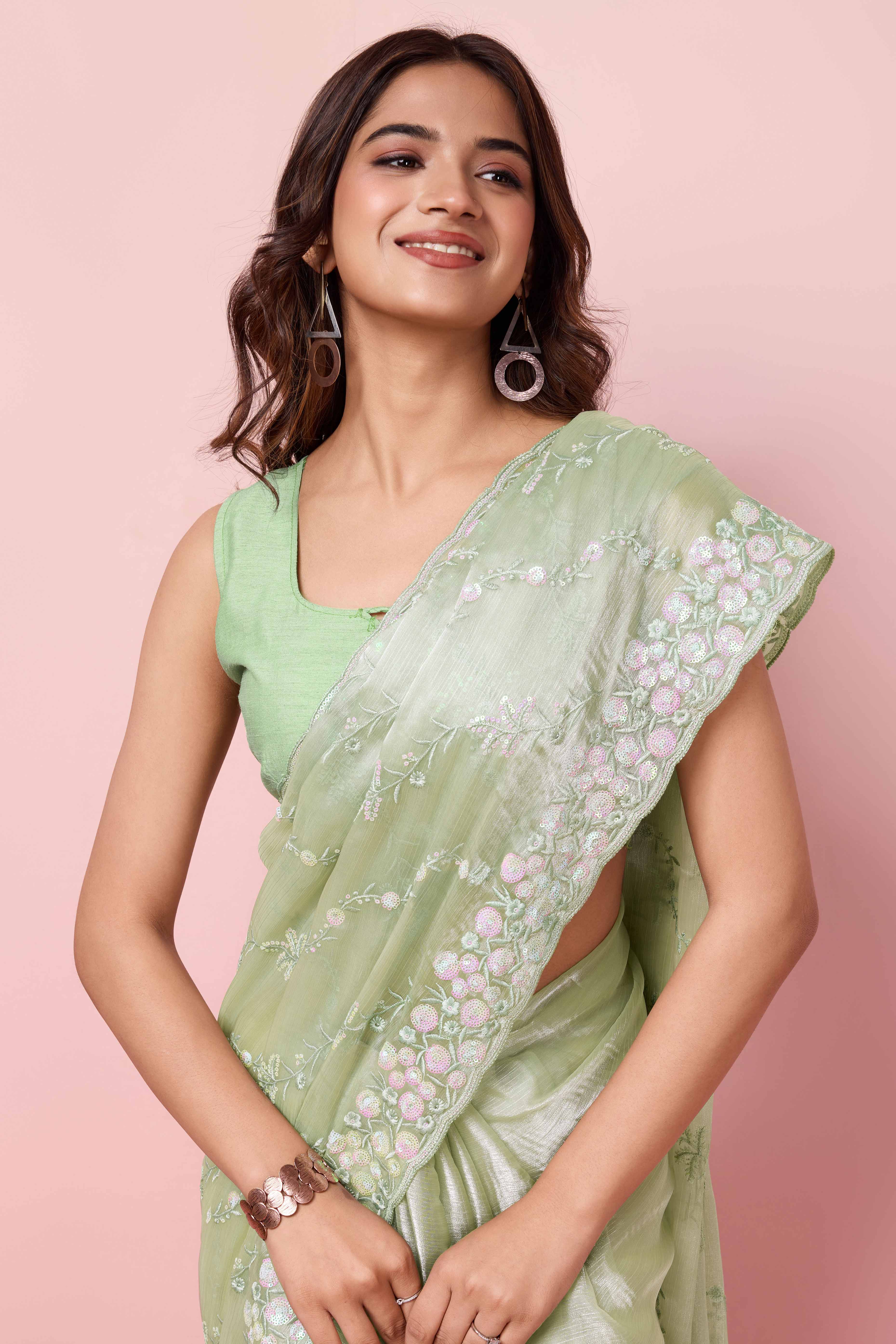 Green Floral Sequins Embroidered Burberry Silk Saree