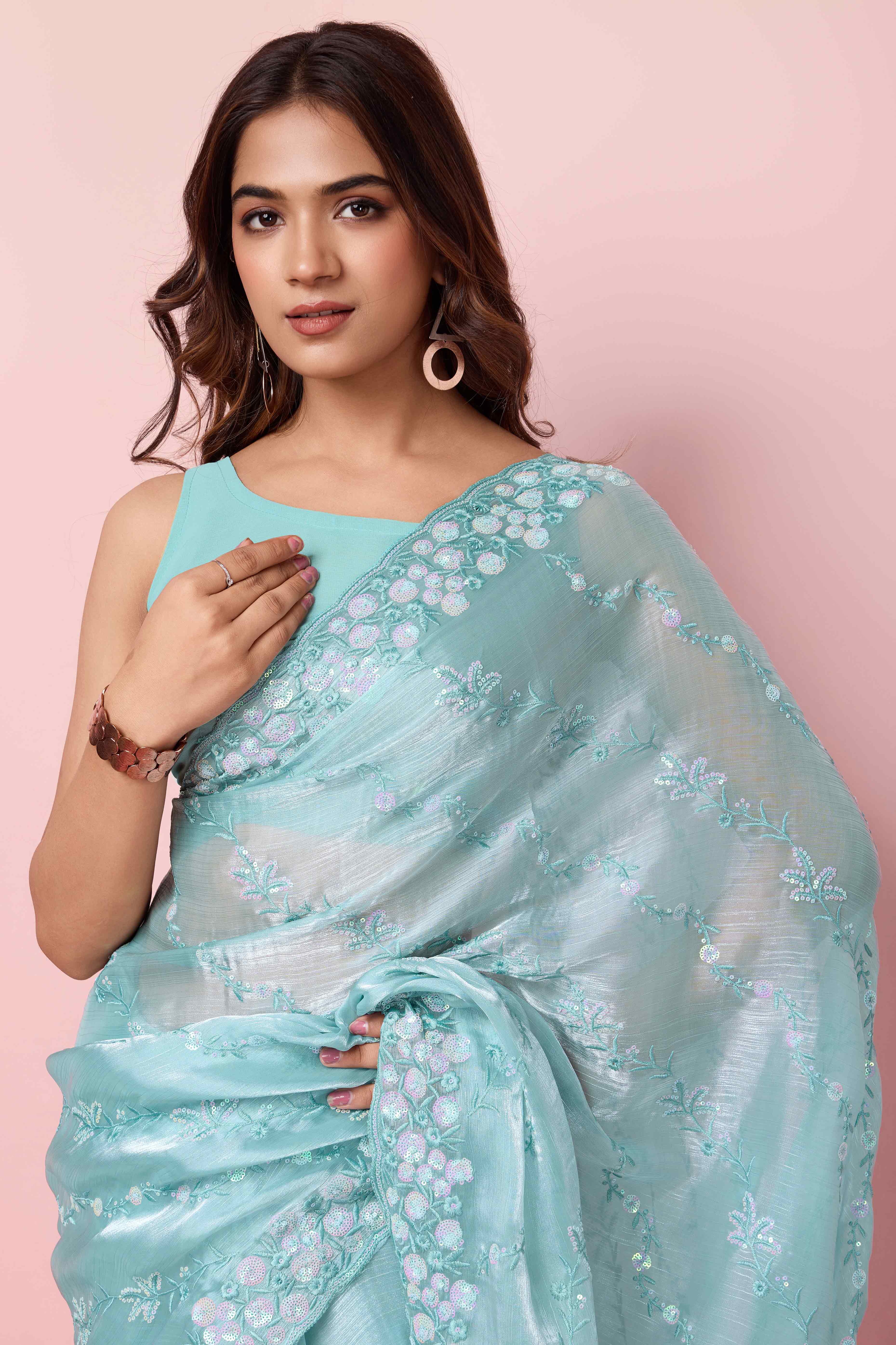 Blue Floral Sequins Embroidered Burberry Silk Saree
