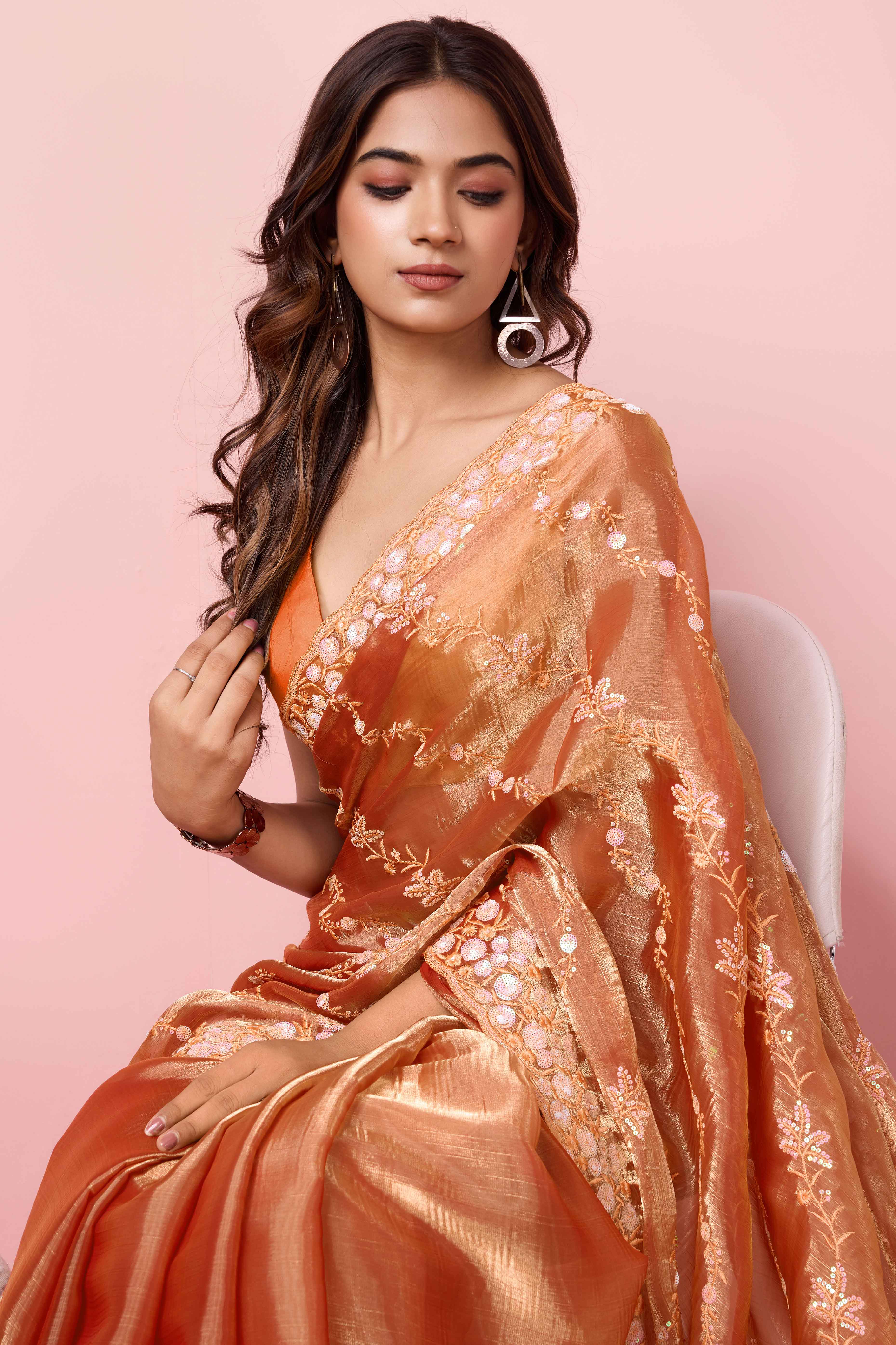 Orange Floral Sequins Embroidered Burberry Silk Saree