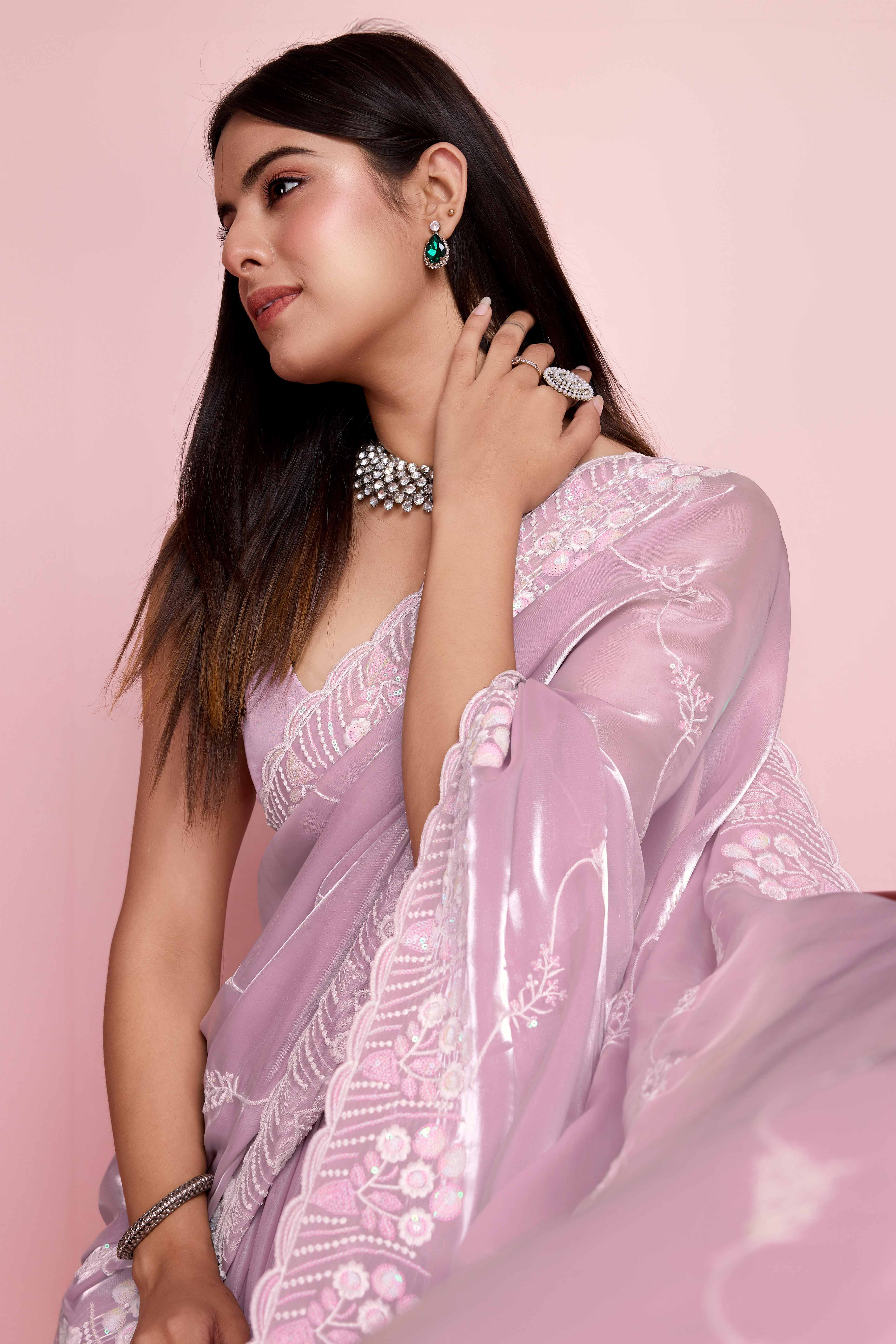 Pink Floral Sequins Embroidered Jimmy Choo Tissue Saree