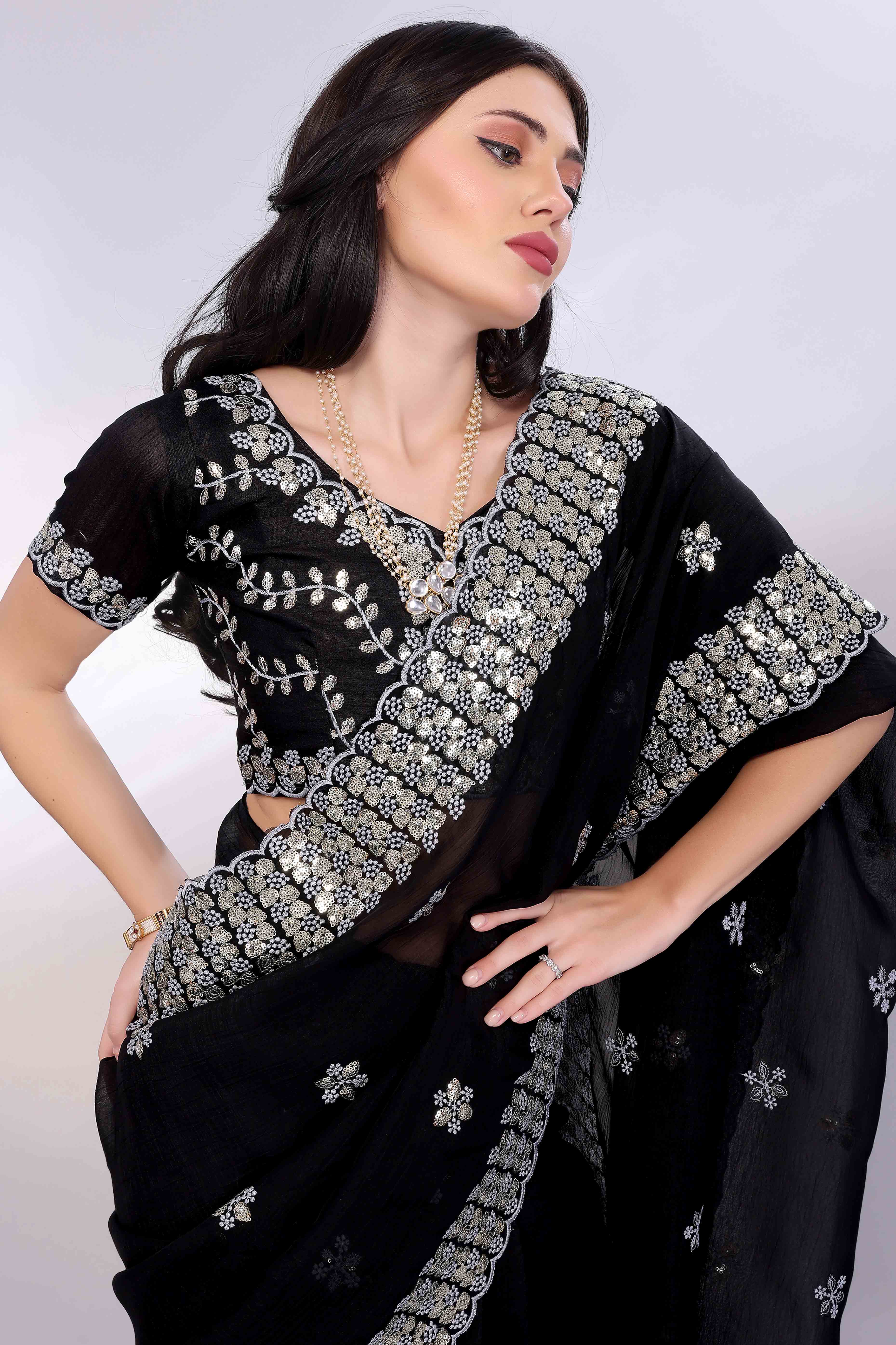 Black Crunchy Organza Silk Saree Adorned With Intricate Floral Sequins Embroidery