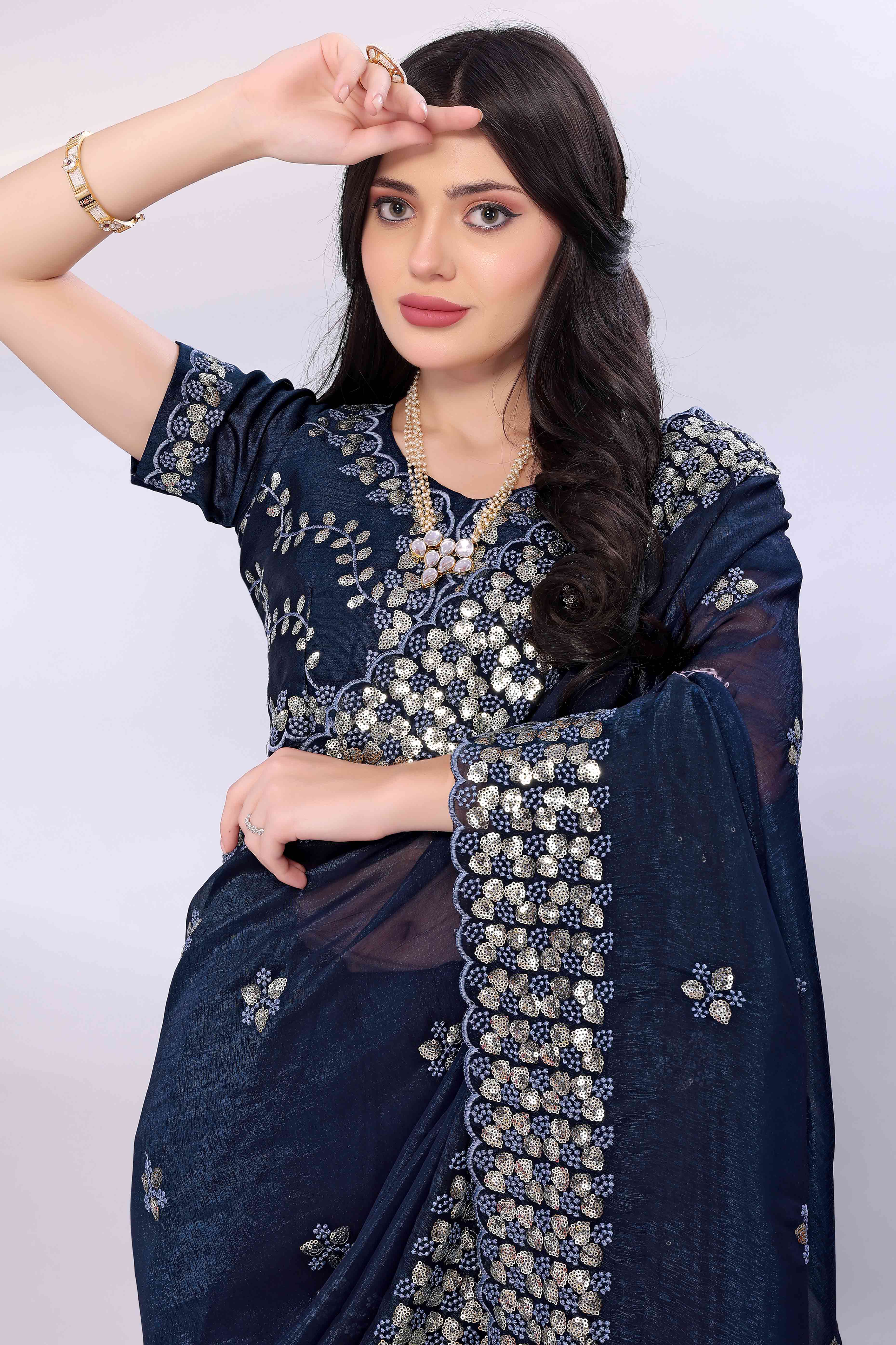 Blue Crunchy Organza Silk Saree Adorned With Intricate Floral Sequins Embroidery