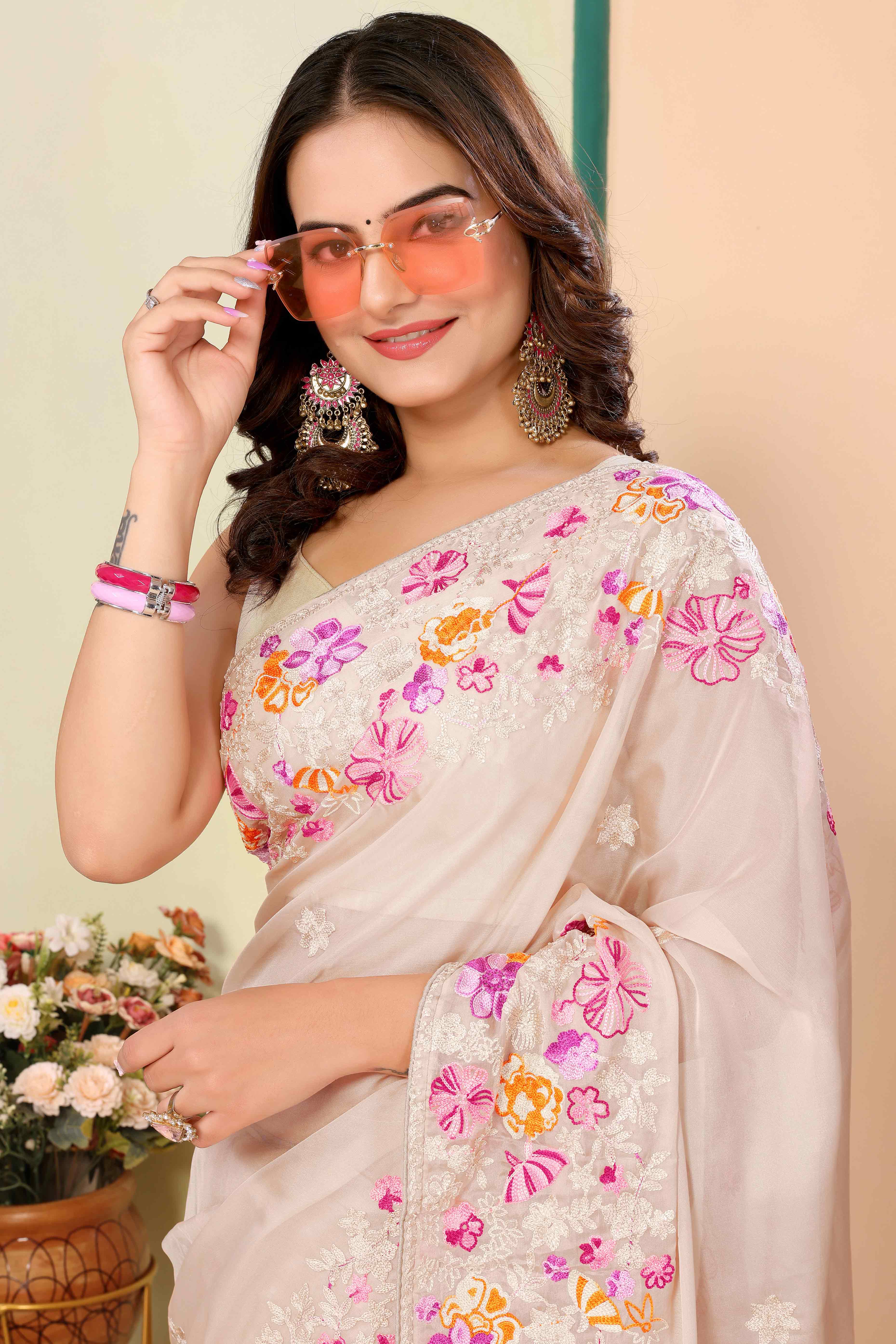 Beige Floral Embroidered Organza Saree