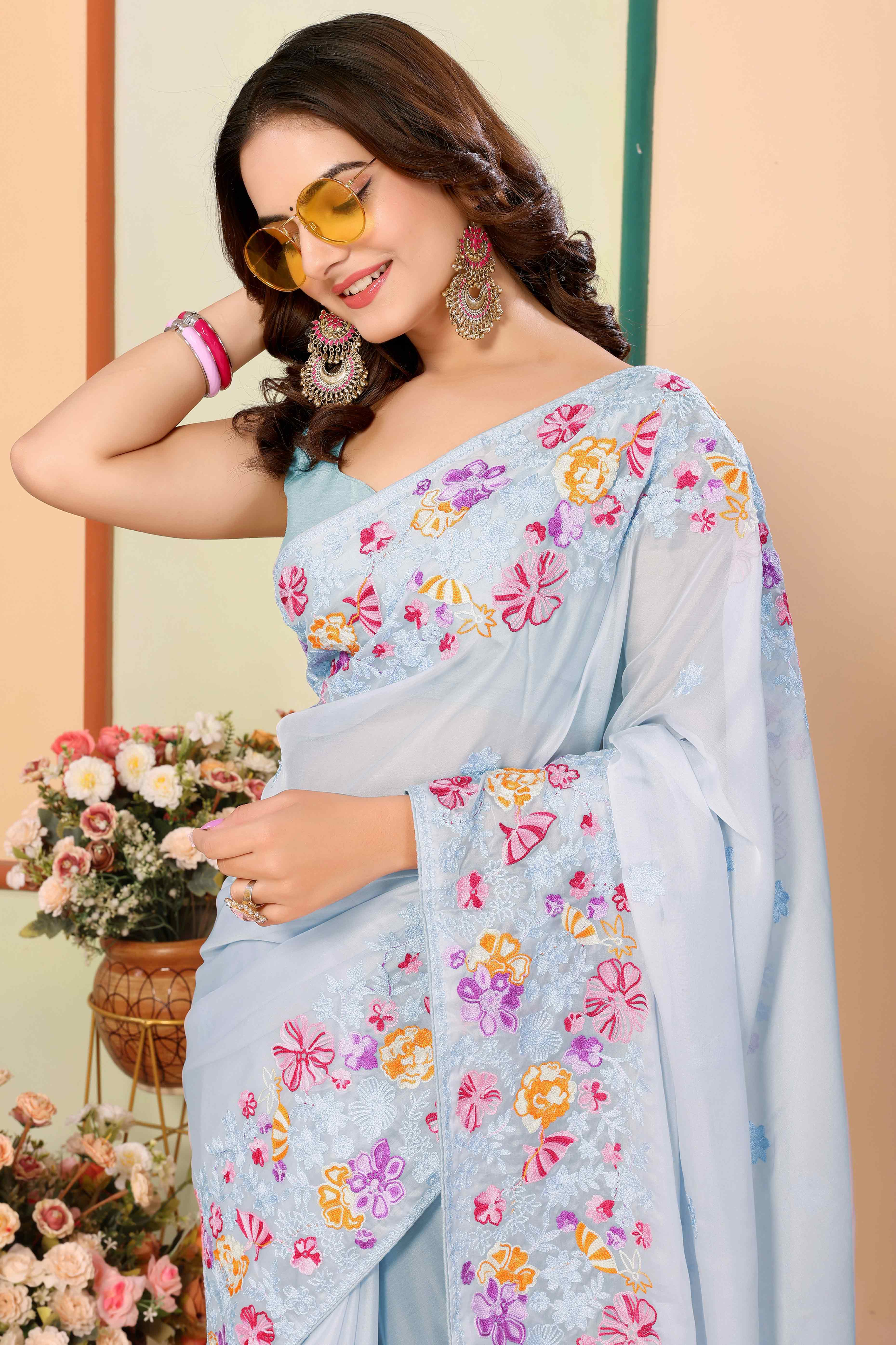 Blue Floral Embroidered Organza Saree