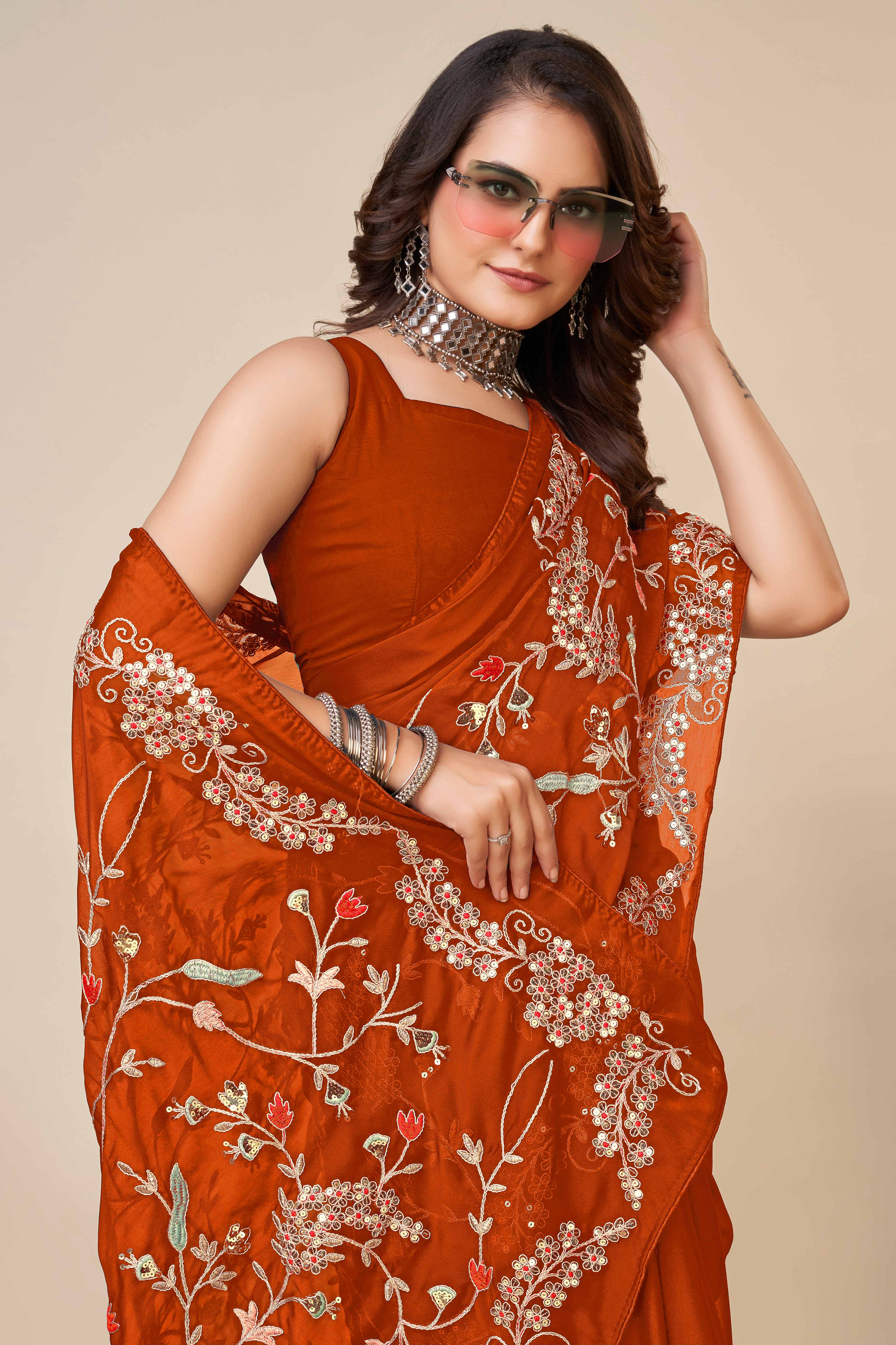 Orange Rangoli Art Silk Saree Featuring Intricate Floral Cording Embroidery & Sparkling Sequin Work