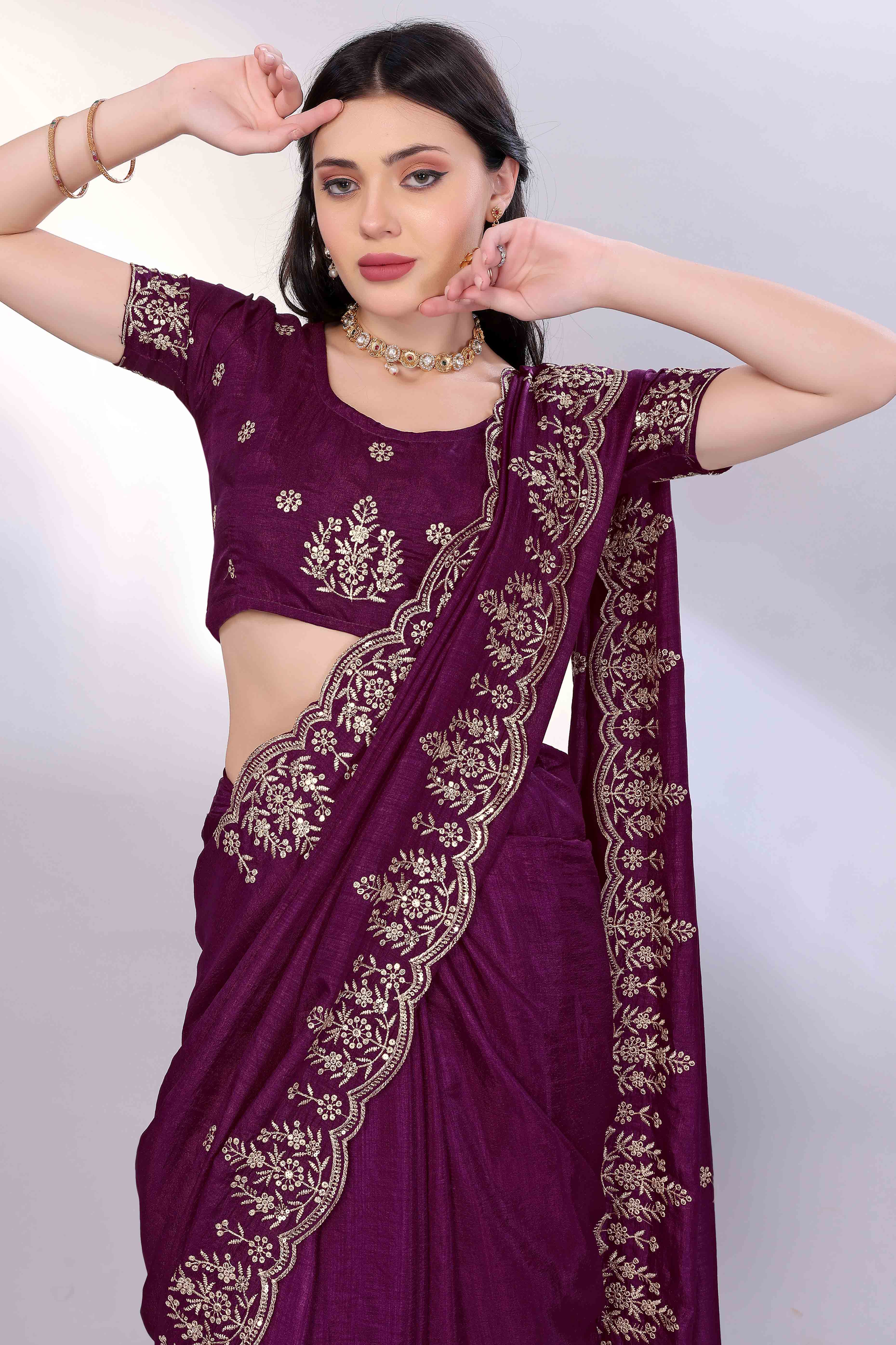 Wine Zari Embroidered Saree In Vichitra Silk With Shimmering Floral Sequins Work