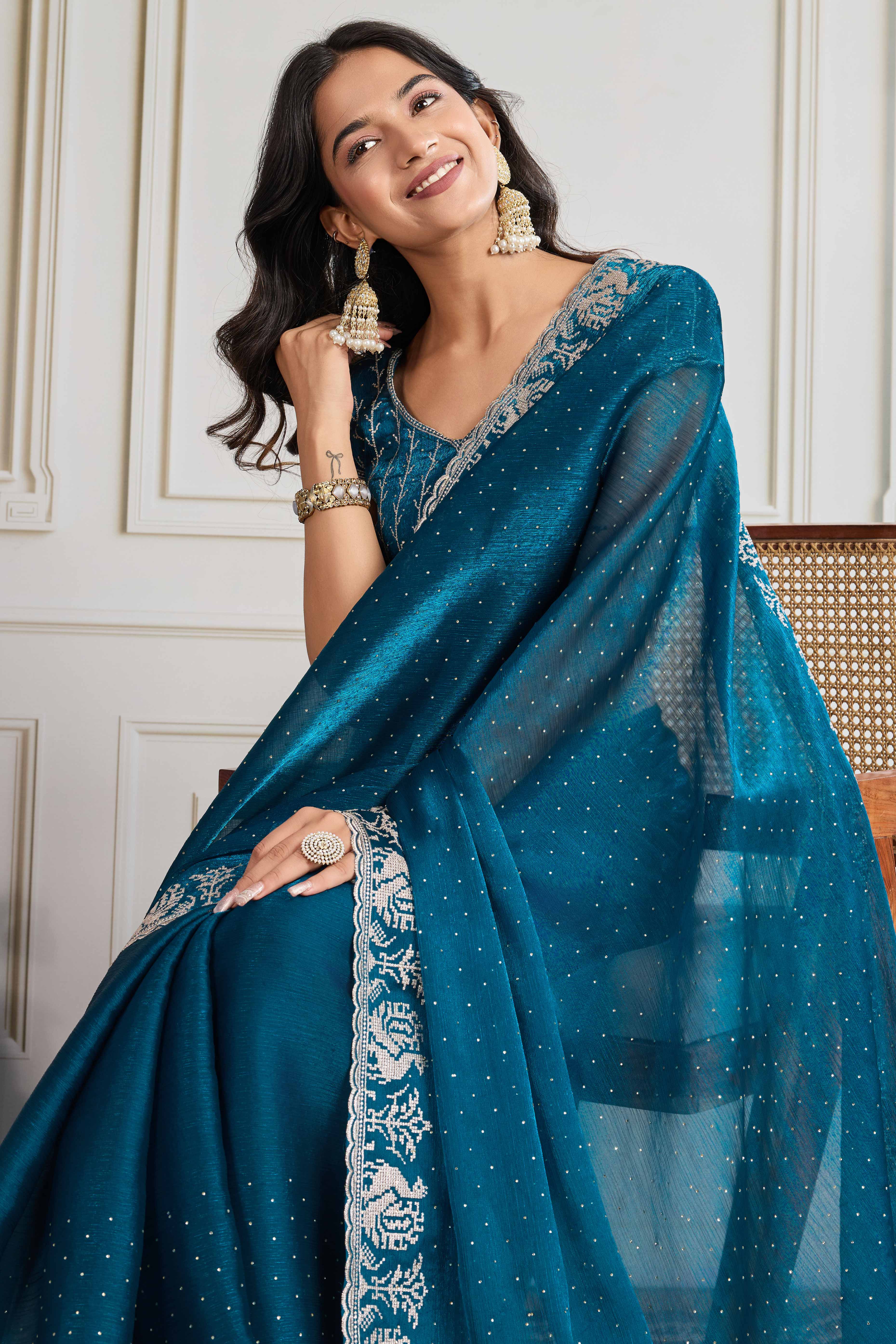 Teal Festive Wear Silk Blend Saree with Embroidery & Stones
