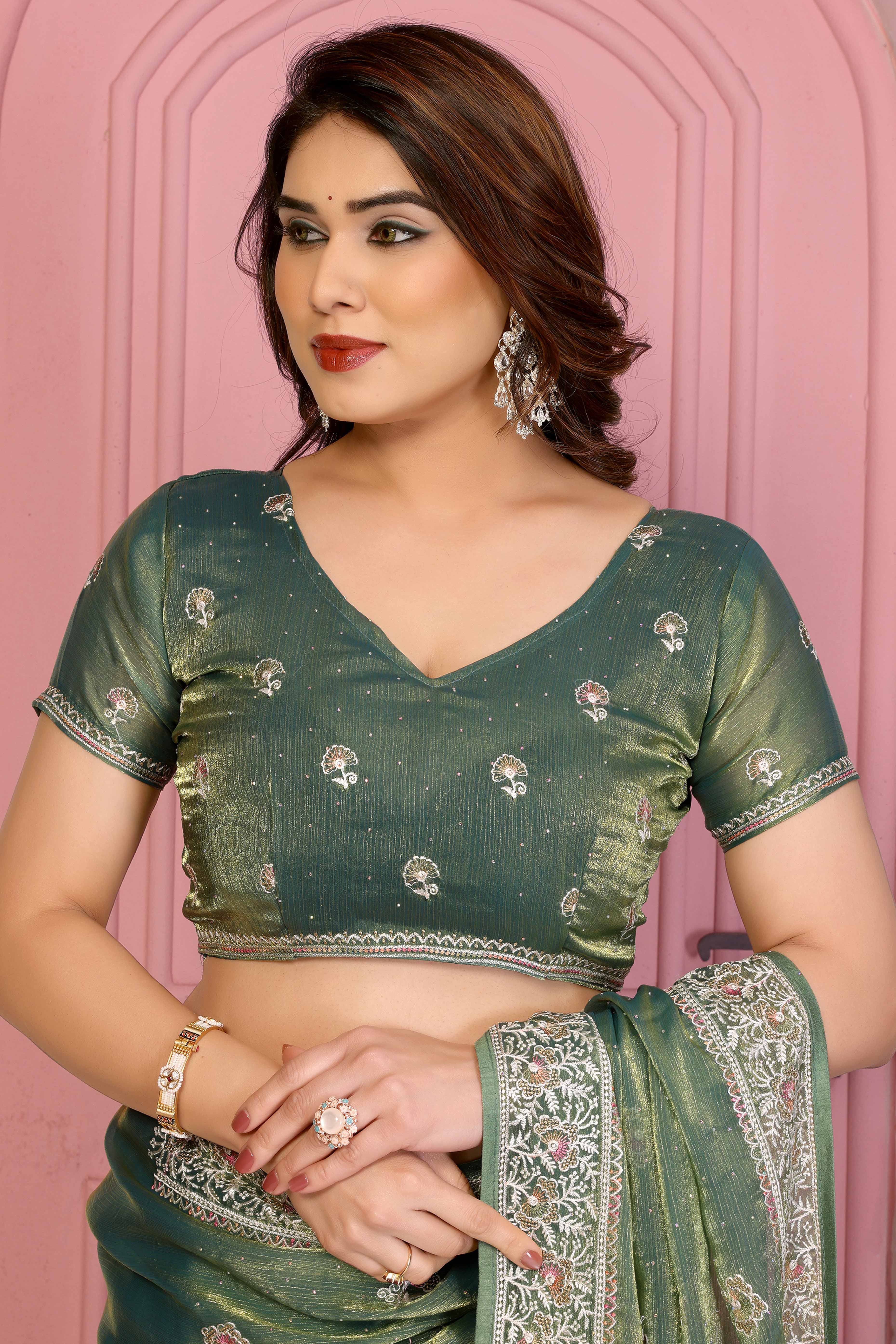 Sea Green Chiffon Saree with Intricate Embroidery and Floral Patterns