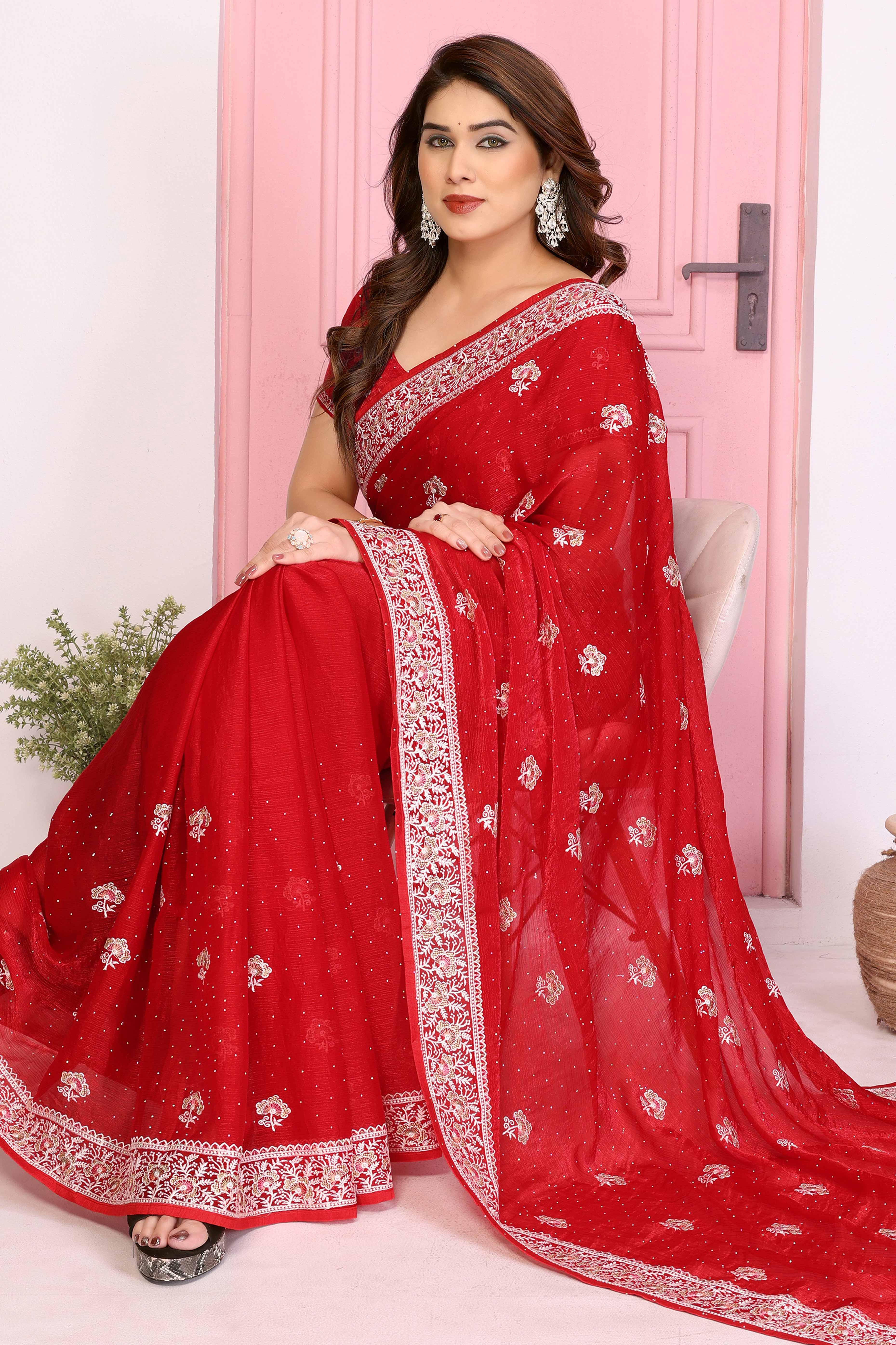 Red Chiffon Saree with Intricate Embroidery and Floral Patterns