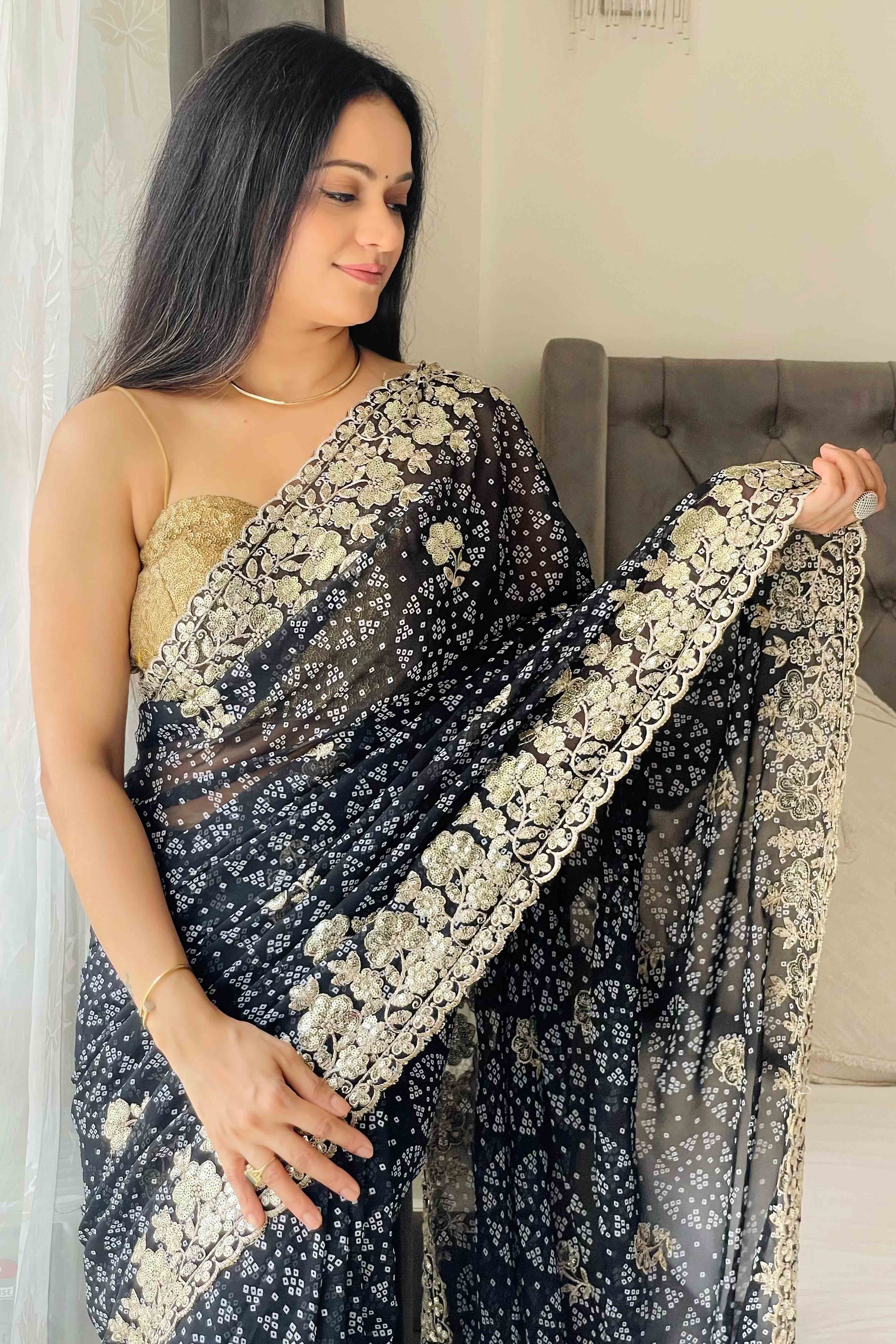 Dark Blue Bandhani Printed Georgette Saree With Dazzling Floral Sequin Embroidery