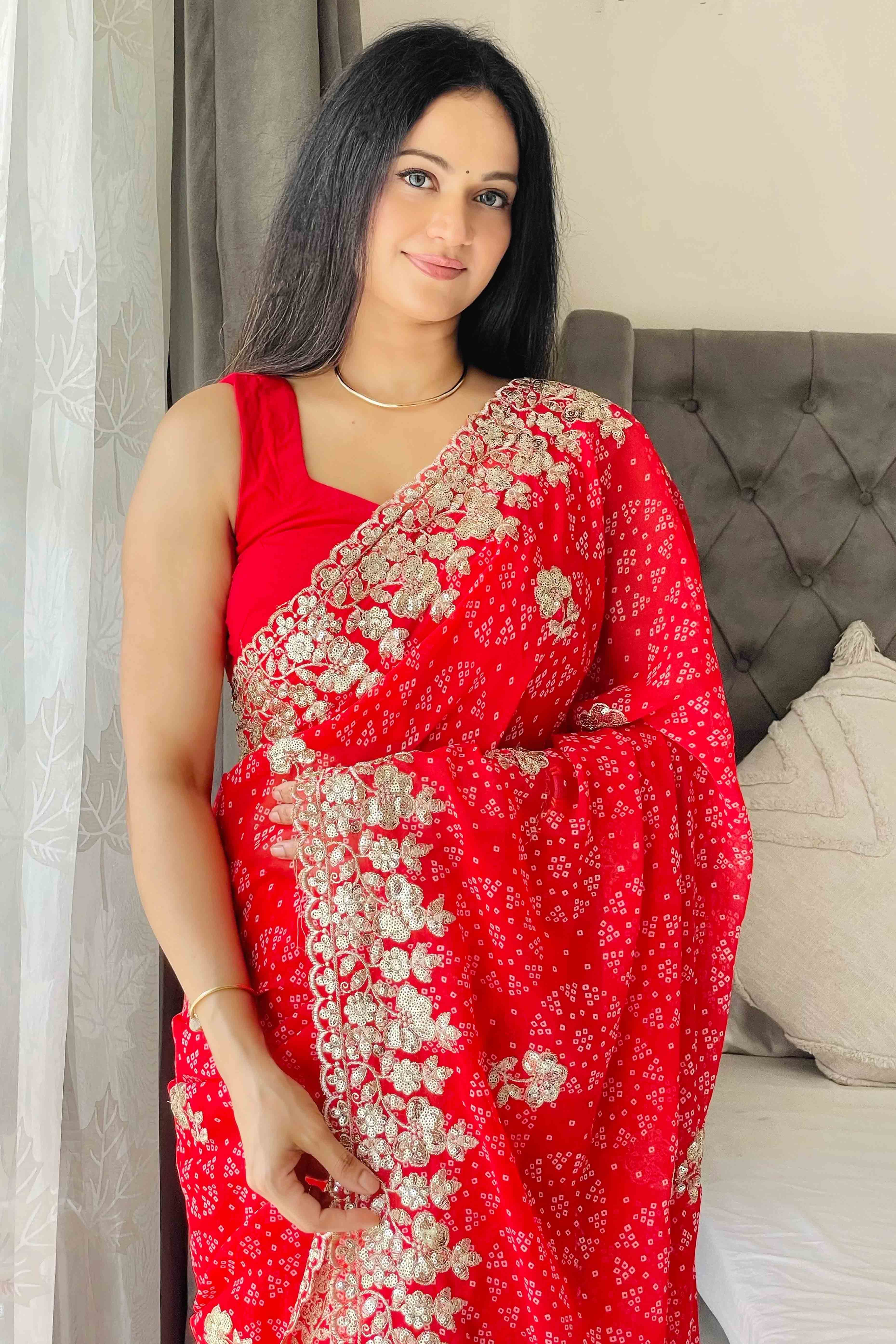 Red Bandhani Printed Georgette Saree With Dazzling Floral Sequin Embroidery