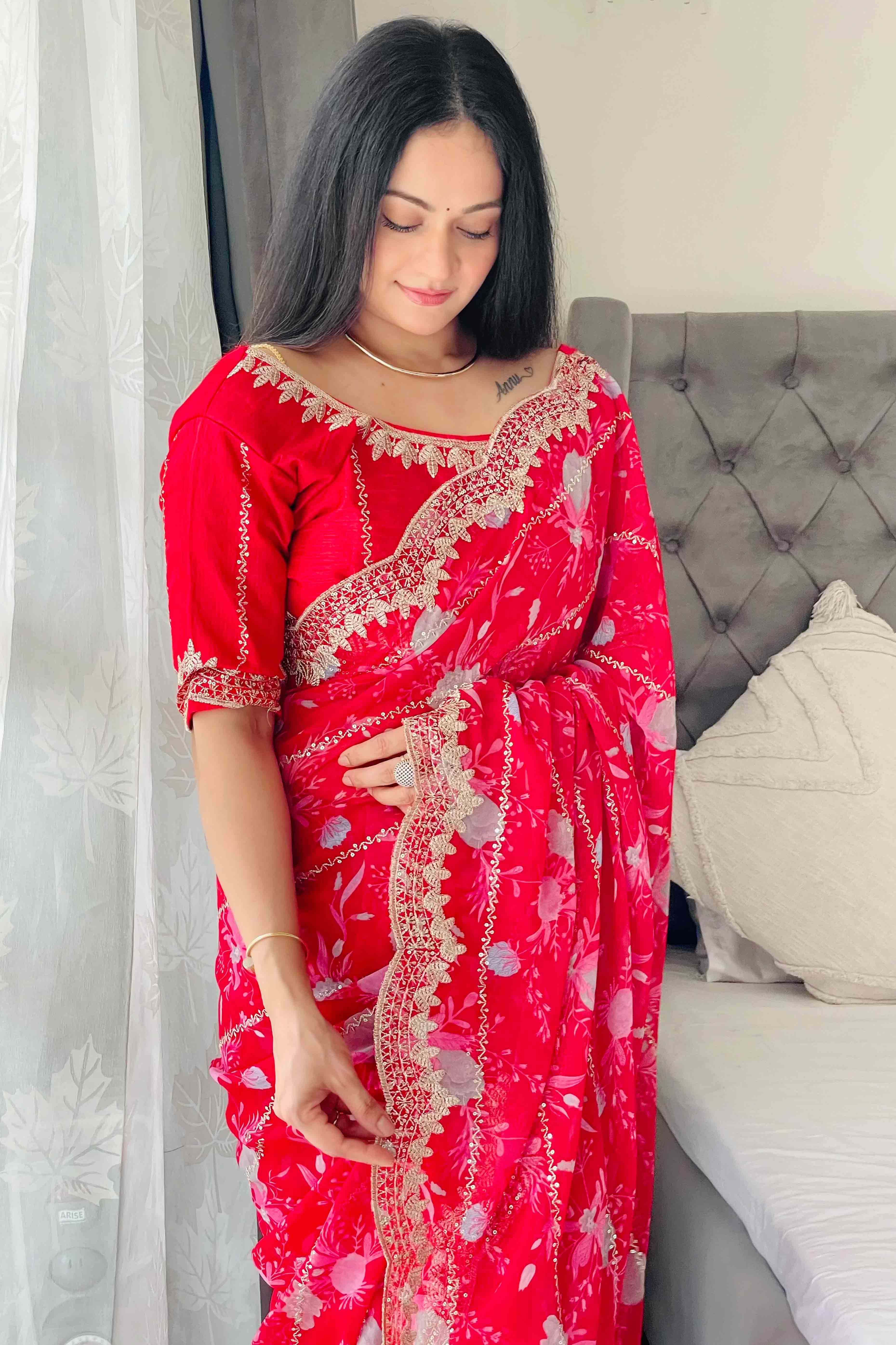 Rani Pink Floral Zari Embroidered Georgette Saree With Sparkling Sequin Embellishments