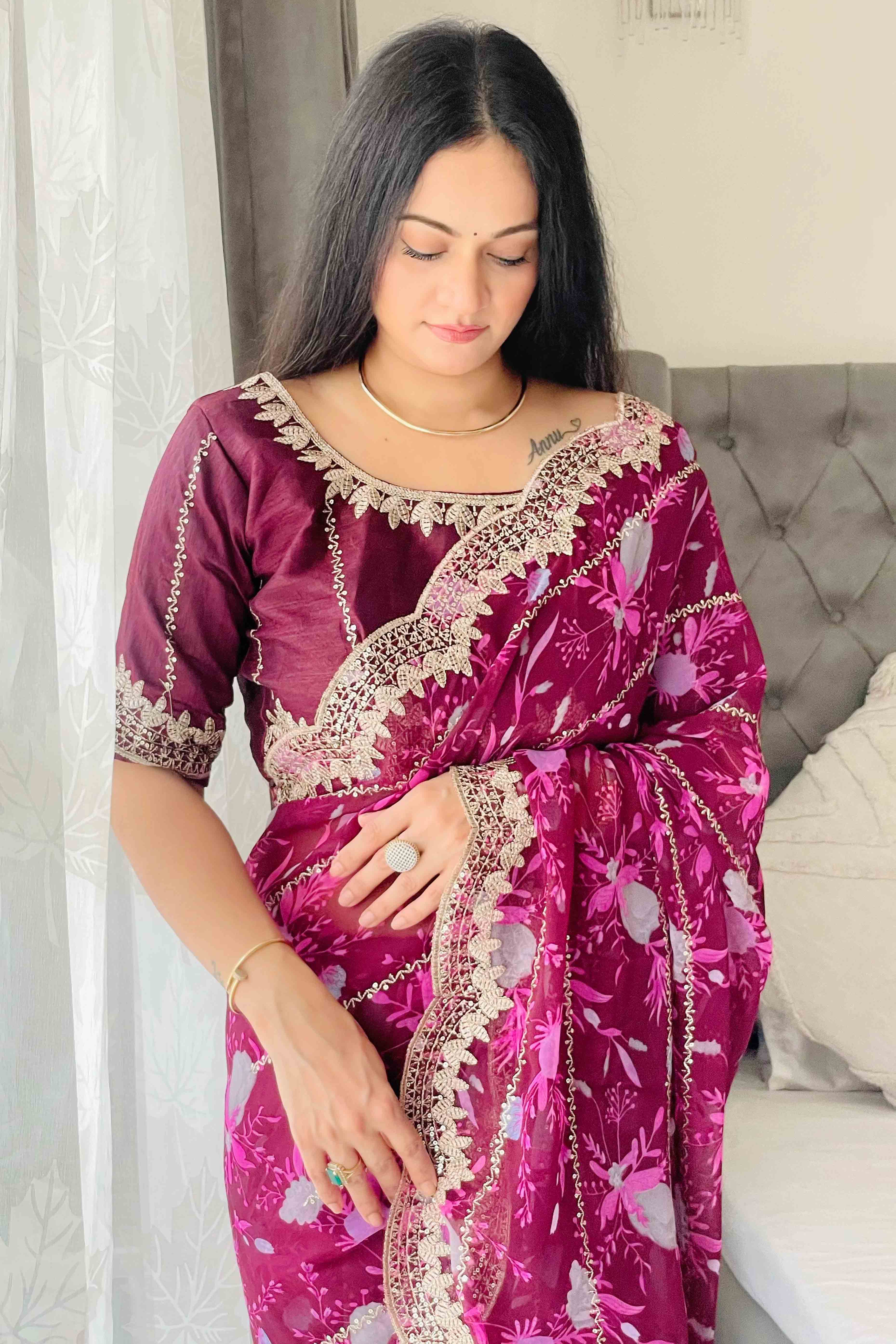 Wine Floral Zari Embroidered Georgette Saree With Sparkling Sequin Embellishments