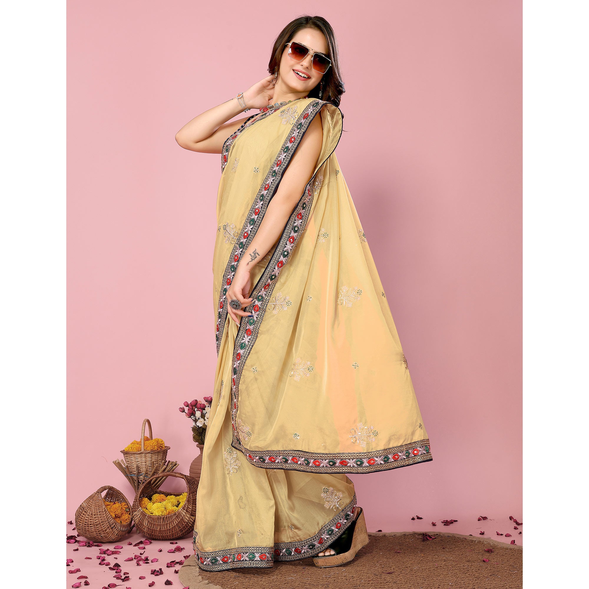 Yellow Floral Sequins Embroidered Organza Saree
