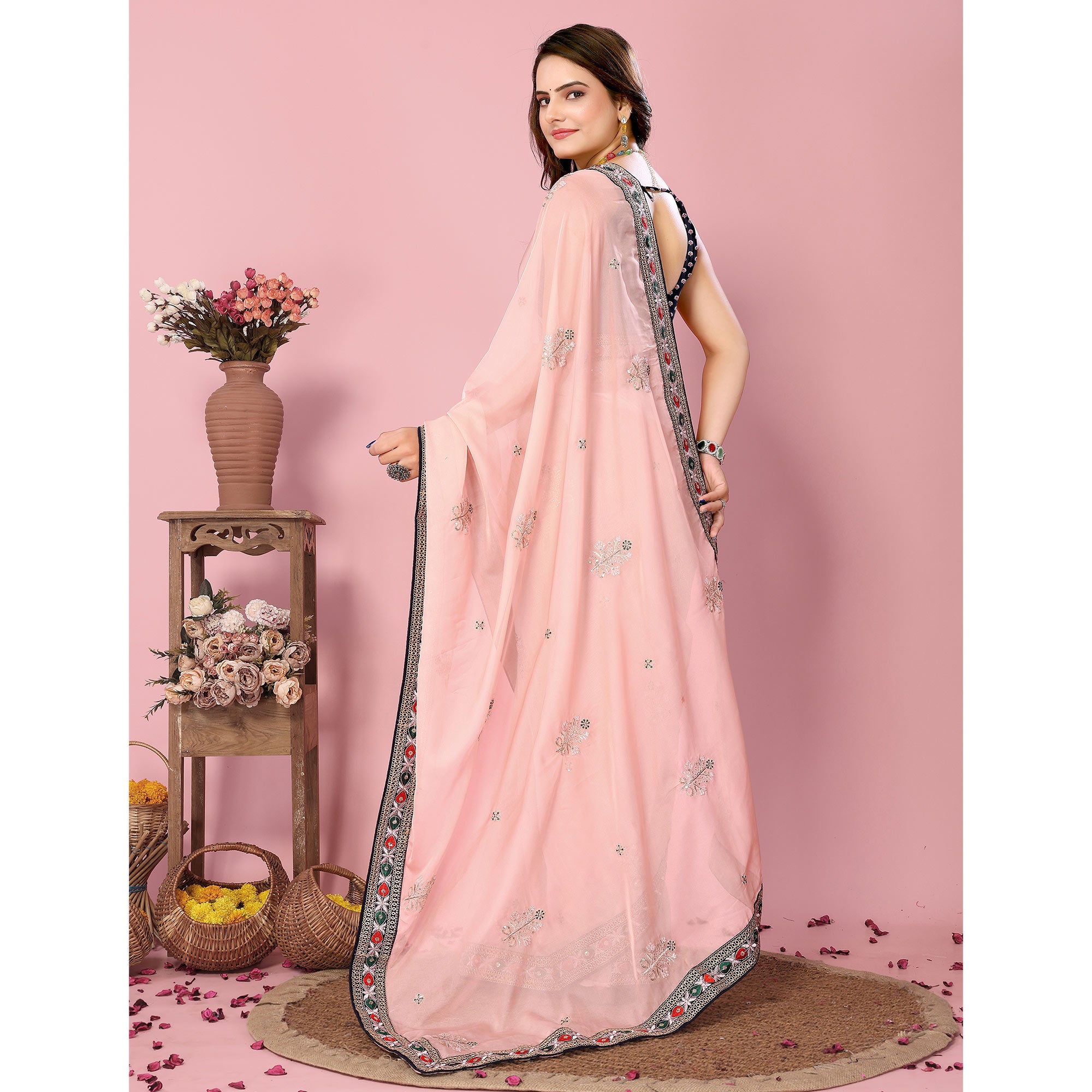 Peach Floral Sequins Embroidered Organza Saree