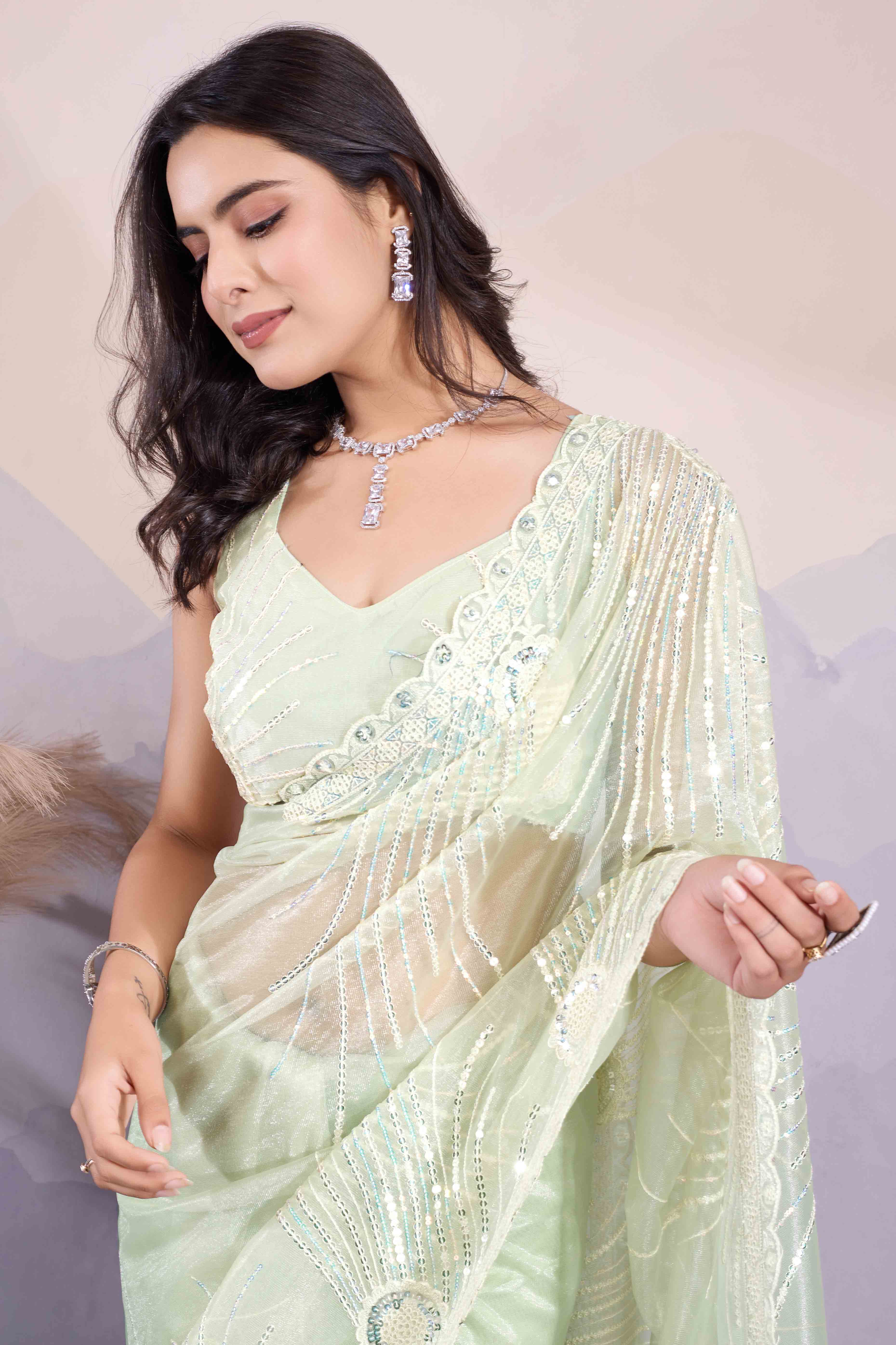 Green Sequins Embroidered Twill Net Saree