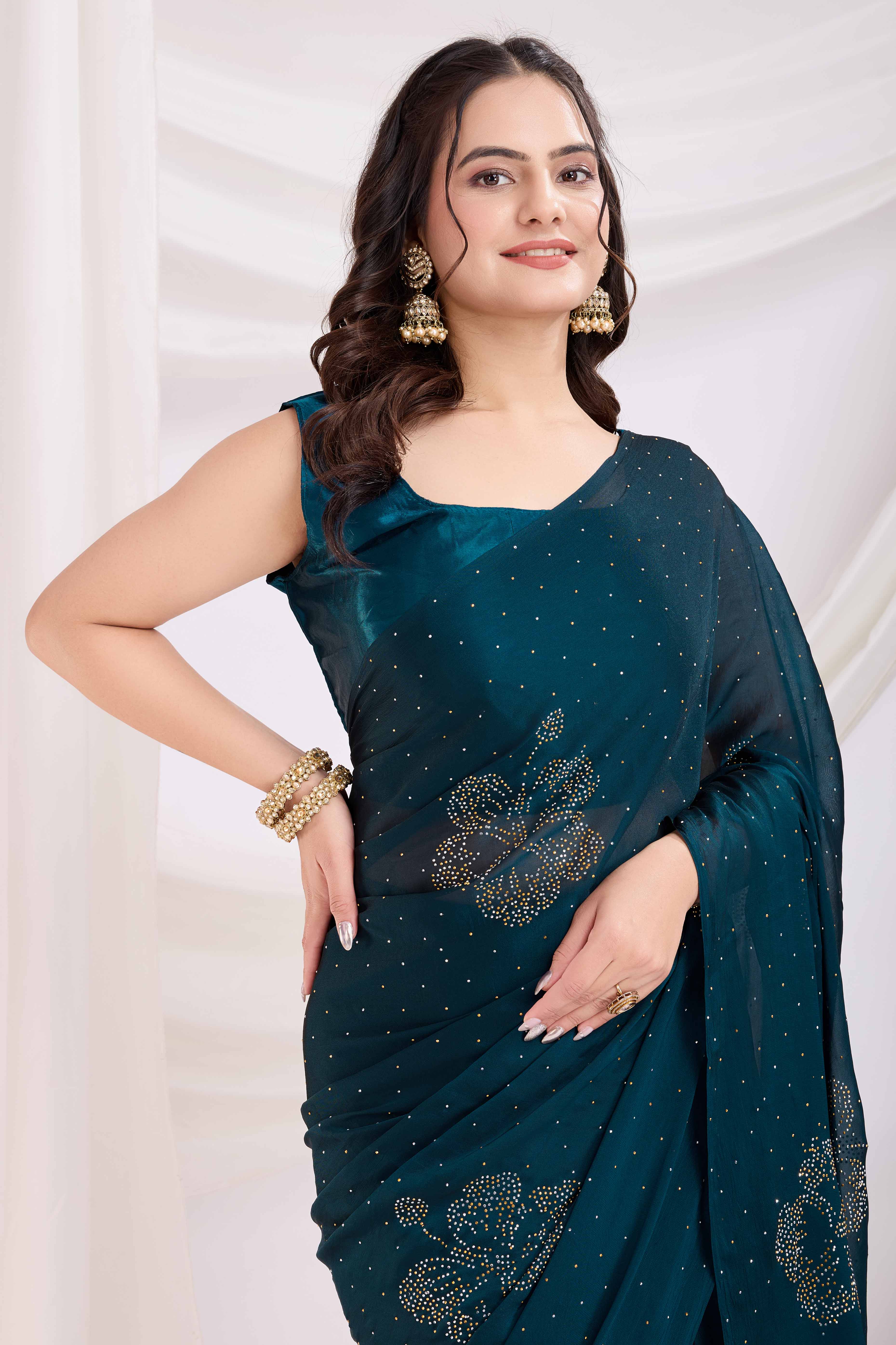 Morpich Blue Floral Swarovski Work Rangoli Art Silk Ready To Wear Saree