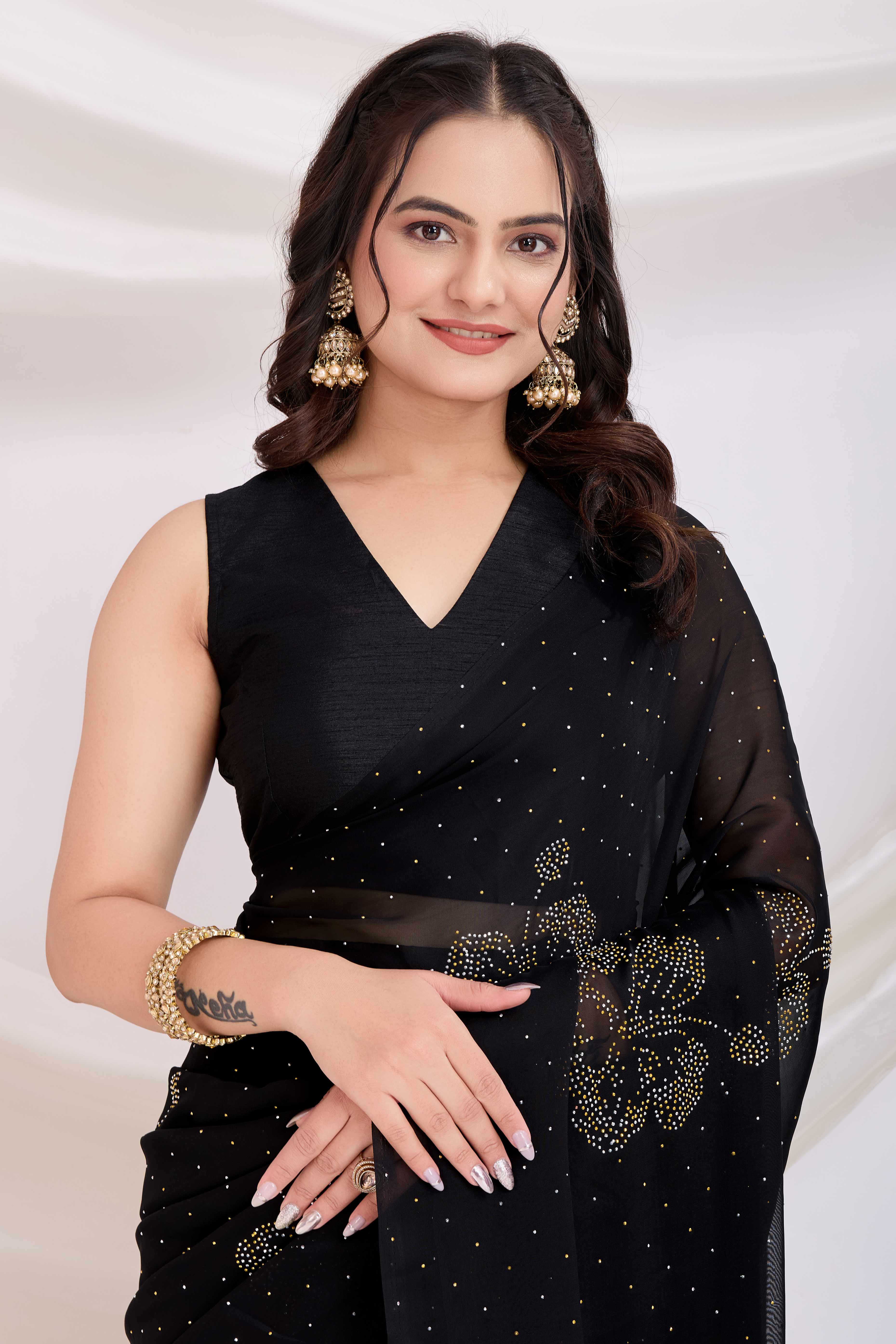 Black Floral Swarovski Work Rangoli Art Silk Ready To Wear Saree