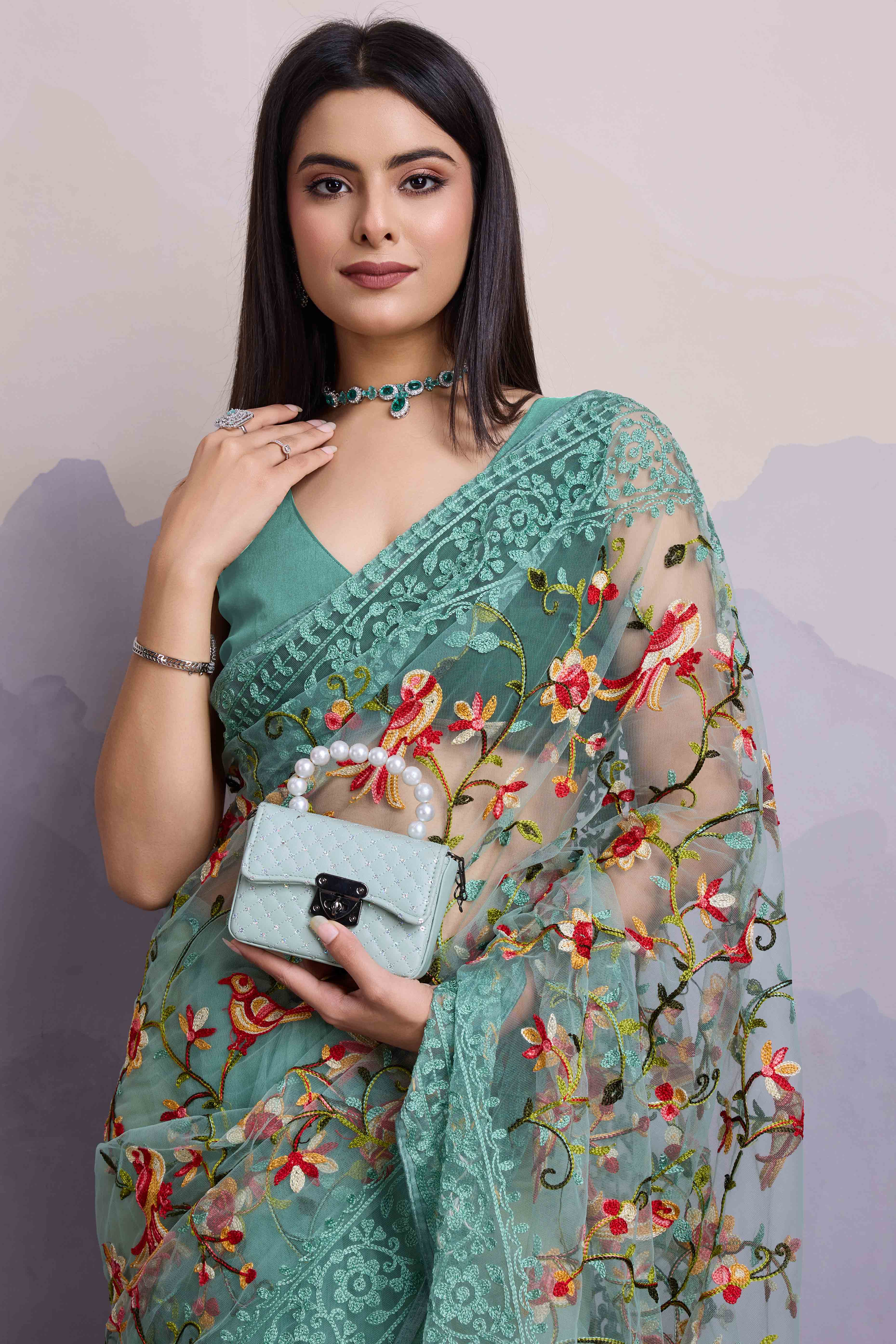 Sea Green Floral Embroidered Net Saree