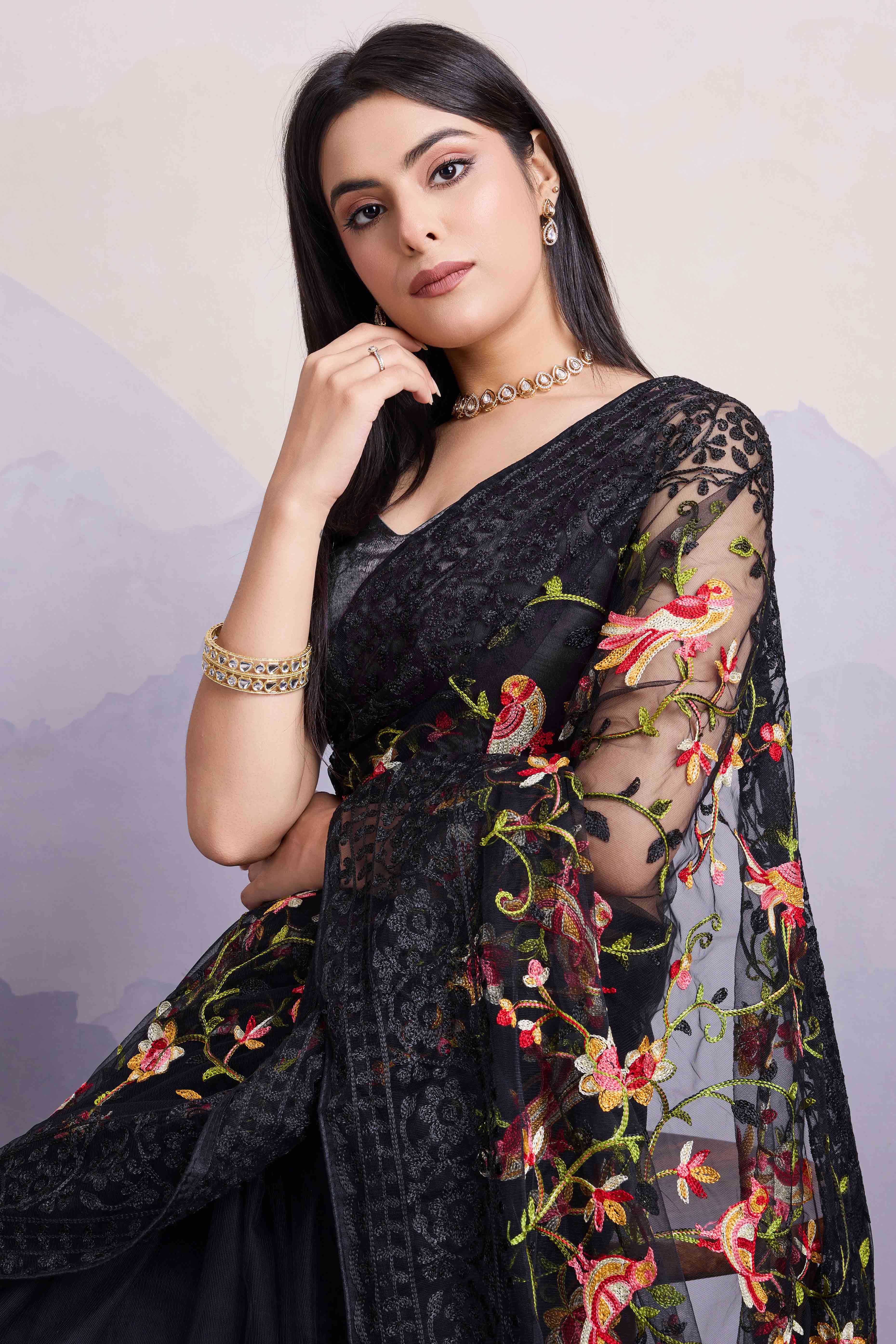 Black Floral Embroidered Net Saree