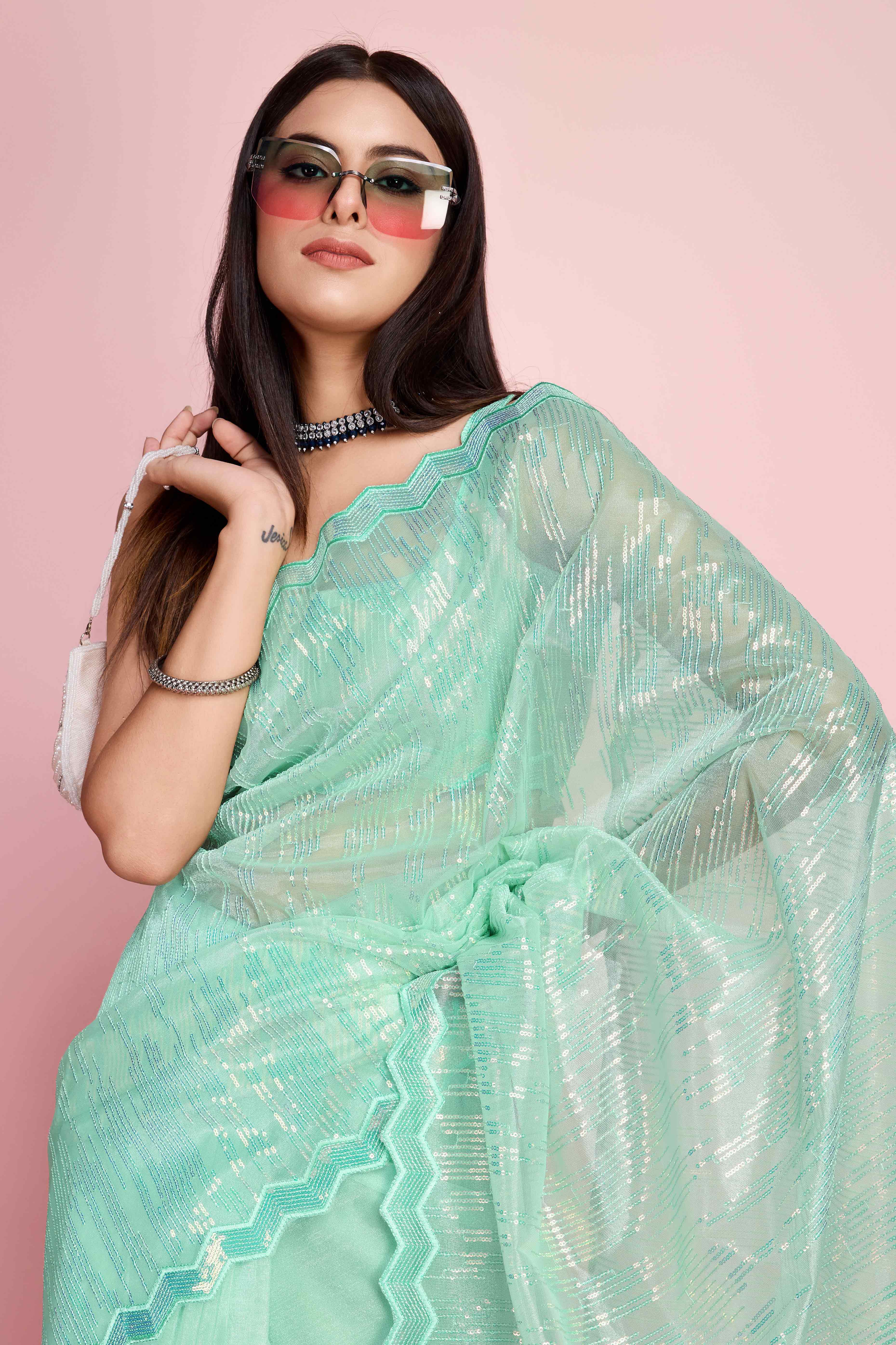 Foam Sea Green Sequins Embroidered Silver Twill Net Saree