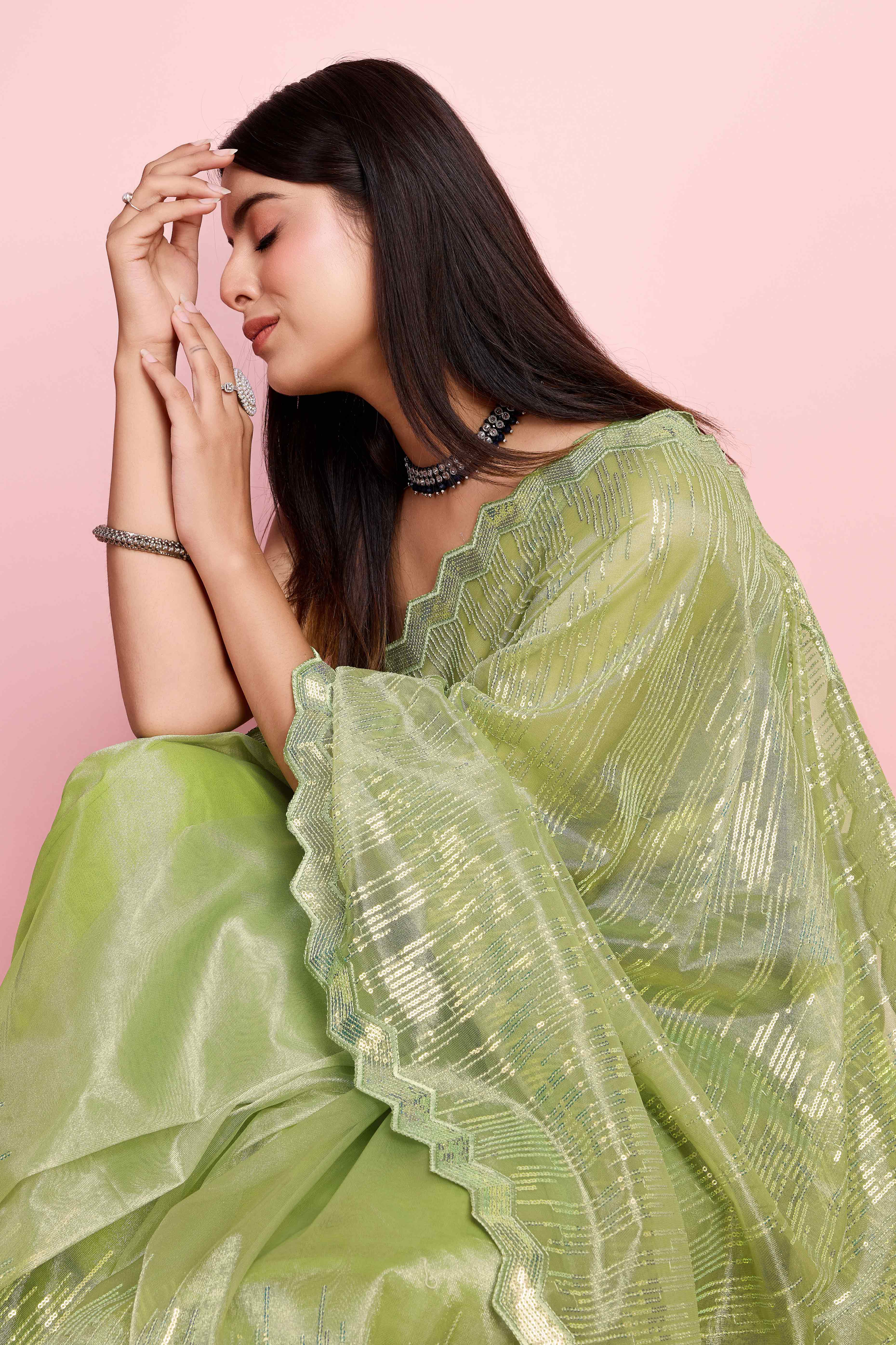 Green Sequins Embroidered Silver Twill Net Saree