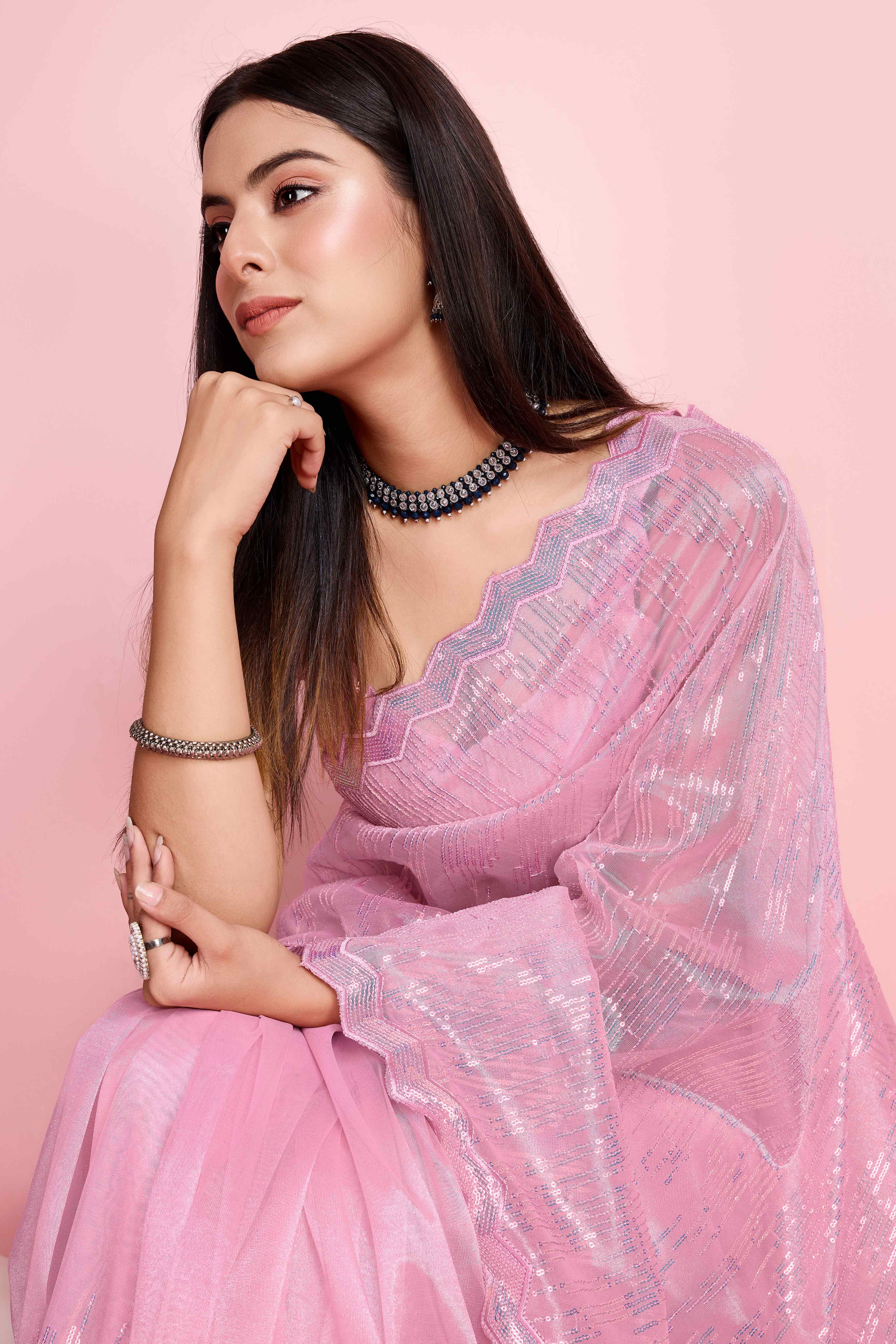 Onion Pink Sequins Embroidered Silver Twill Net Saree