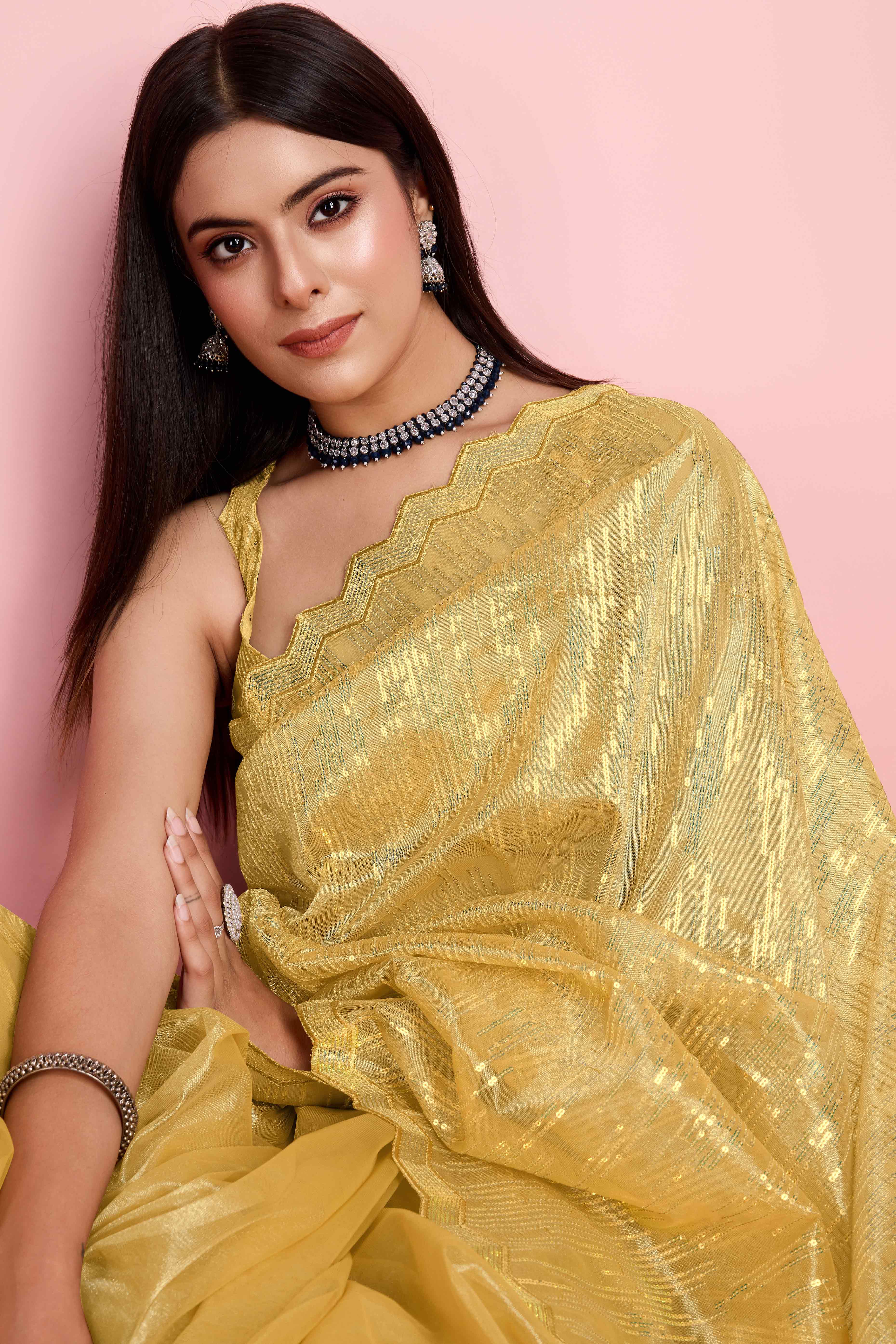 Yellow Sequins Embroidered Silver Twill Net Saree
