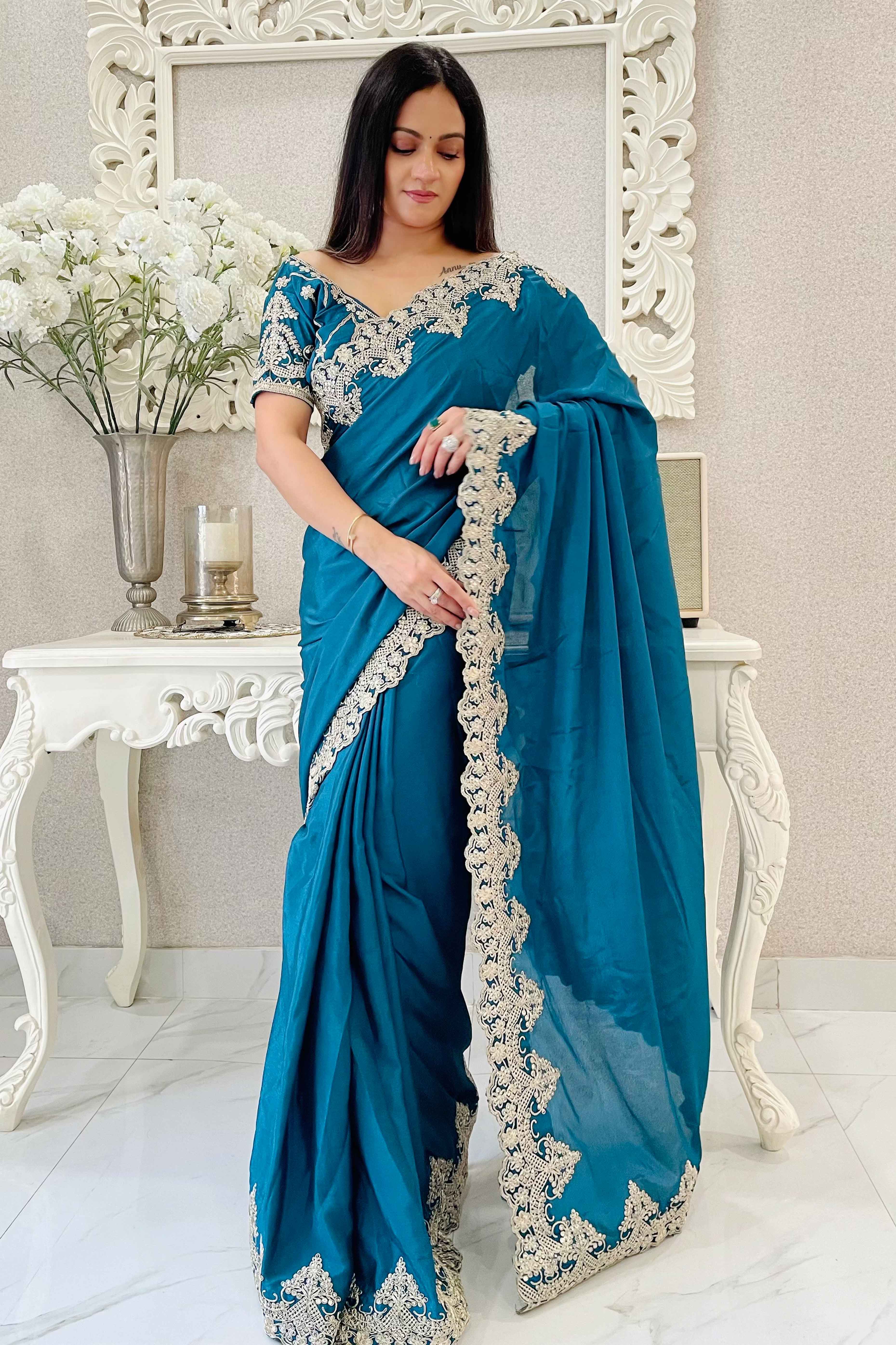 Blue Chinon Silk Blend Saree With Intricate Sequins & Cording Embroidery