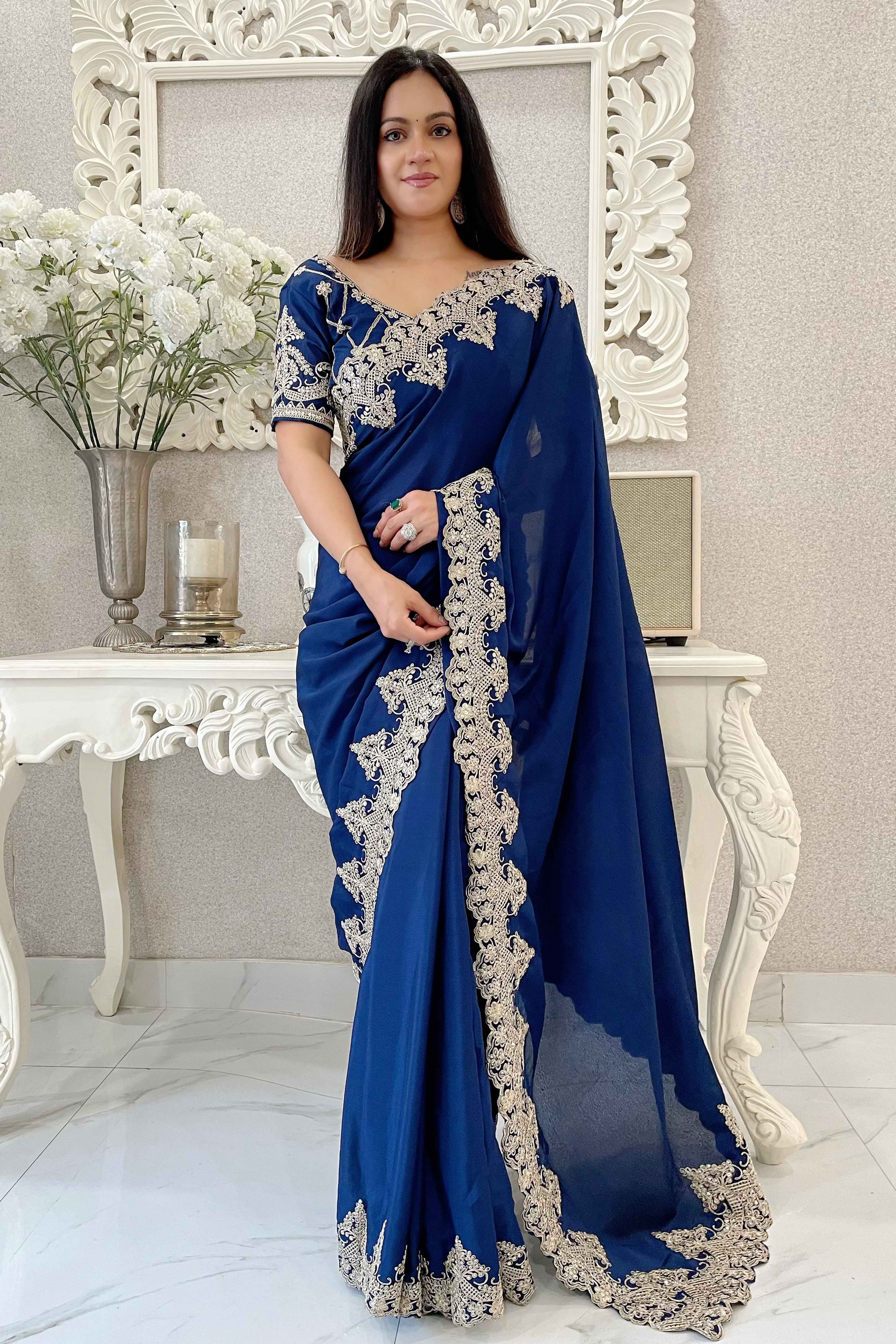Navy Blue Chinon Silk Blend Saree With Intricate Sequins & Cording Embroidery