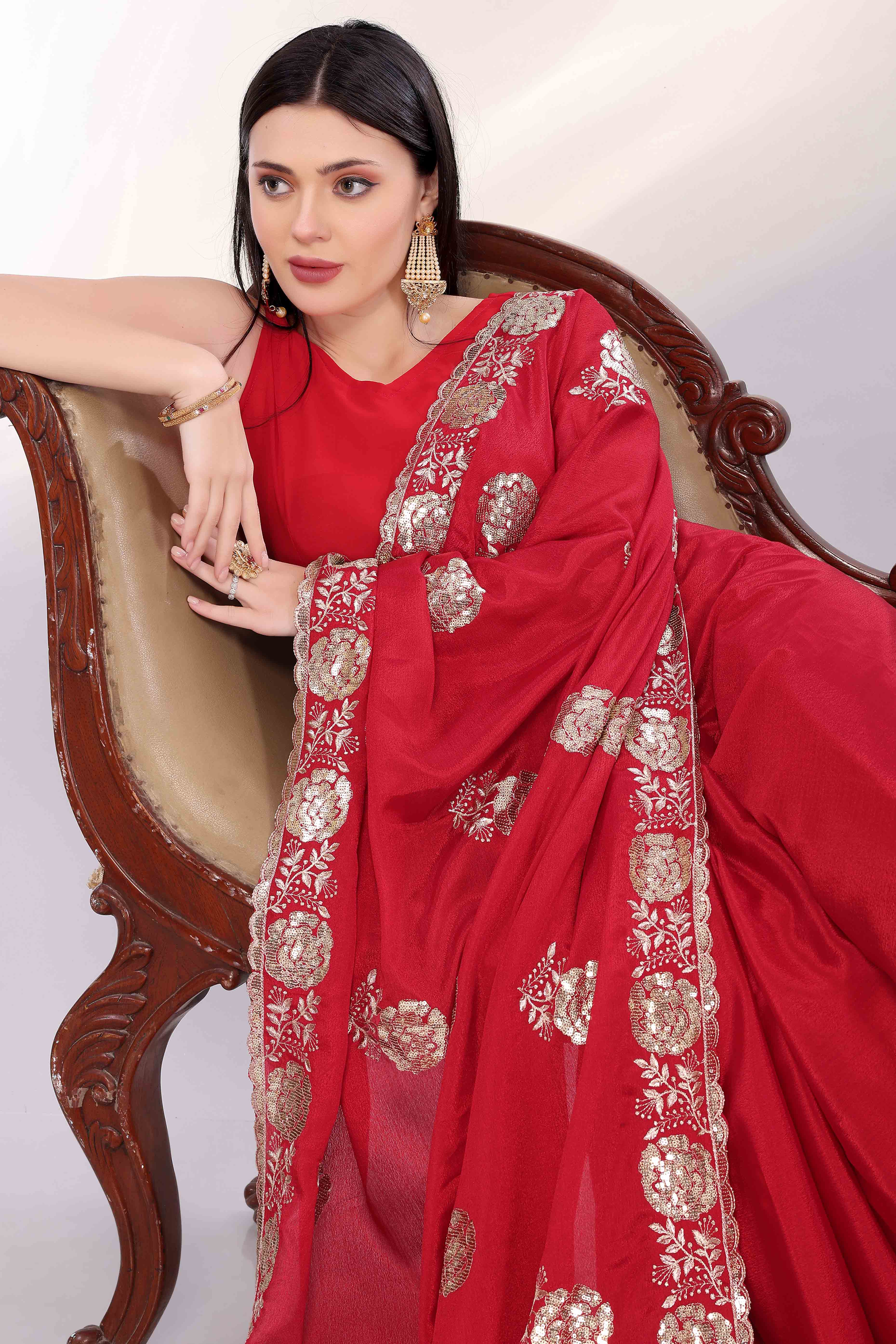 Cherry Red Saree Featuring Intricate Floral Embroidery With Sequins On Chinon Silk